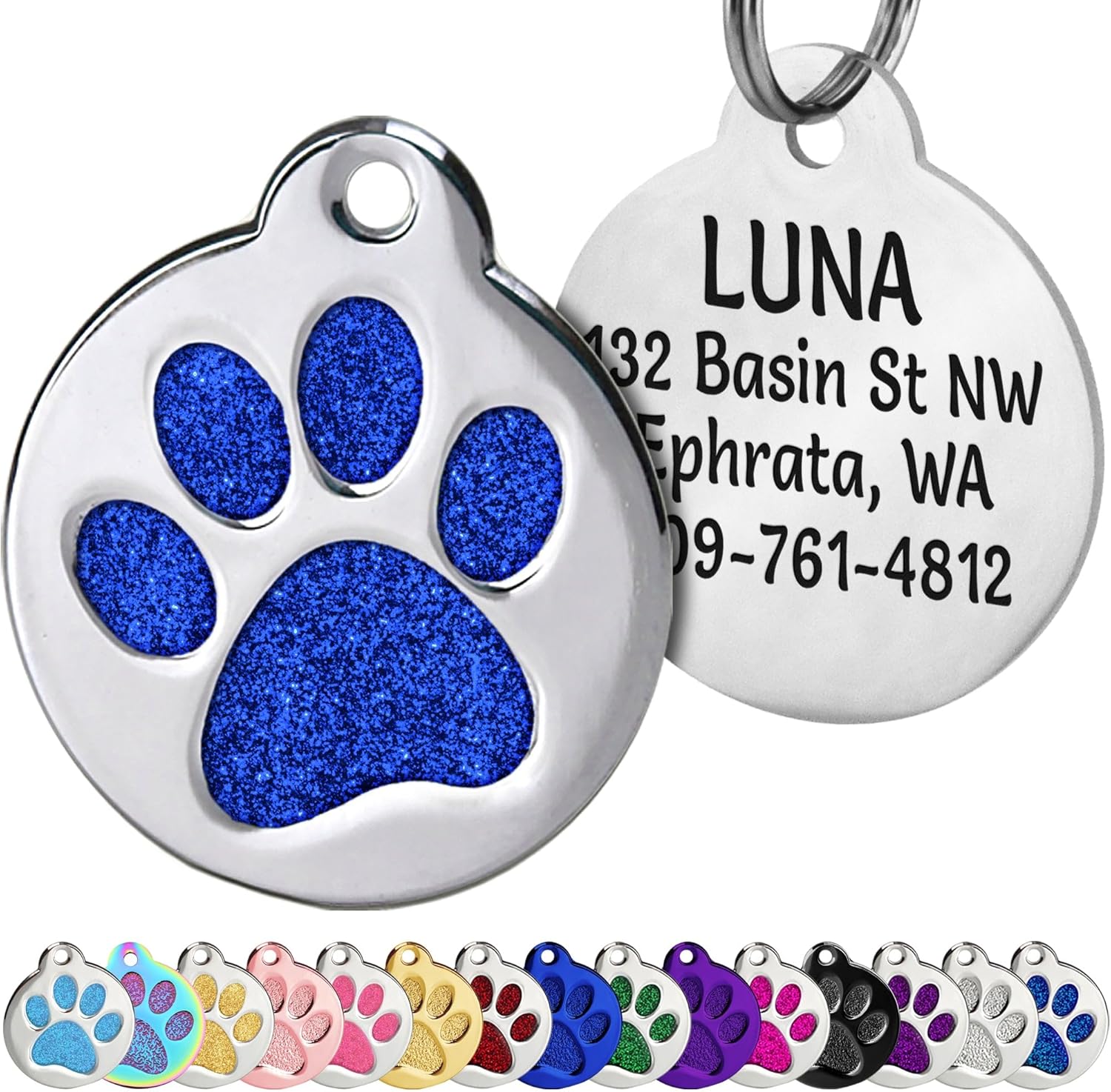 GoTags Personalized Paw Print Pet Tag Stainless Steel for Dogs and Cats, 4 Lines of Custom Engraved ID Name and Number, in Stainless Steel and 15 Colors Glitter (Large Pack of 1)