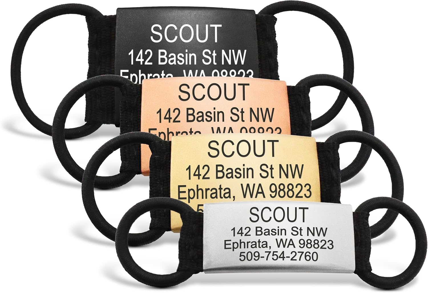 GoTags Quiet Slide On Pet ID Tags for Dogs and Cats, Silent Jingle Free Personalized Engraved Custom Stainless Steel Name Tags, Small Medium Large and 4 Color Options, Fits Most Collar Types