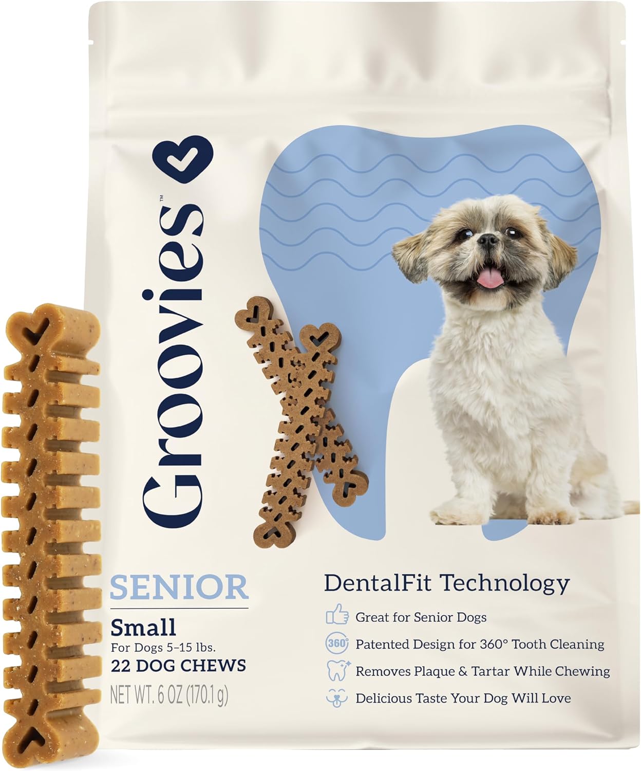 Groovies Senior Small Dog Dental Chews for Dogs, Patented DentalFit Technology for Plaque & Tartar Support, Flexible Texture for Easy Chewing, Chicken Flavor, USA Manufactured, 5–15 lb Dogs,22 Count