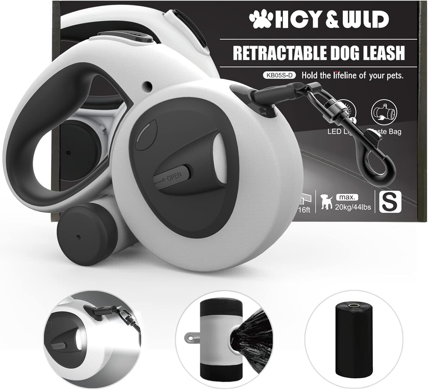 HCY&WLD Upgrade 4-in-1 Retractable Dog Leash with LED Light & Dispenser & Poop Bags, 16 ft Heavy Duty Dog Leash with Anti-Slip Handle for Dogs up to 44 lbs, 360° Tangle-Free, One Button Brake & Lock