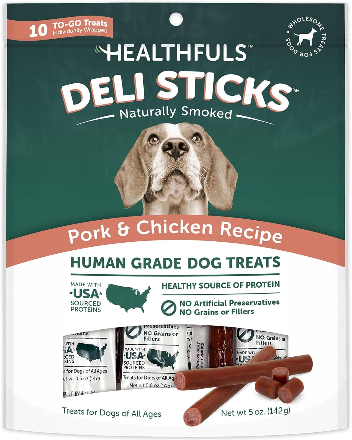 HEALTHFULS Deli Sticks Pork and Chicken Human-Grade Gluten-Free Soft and Chewy Dog Treats, 10 Count Bag