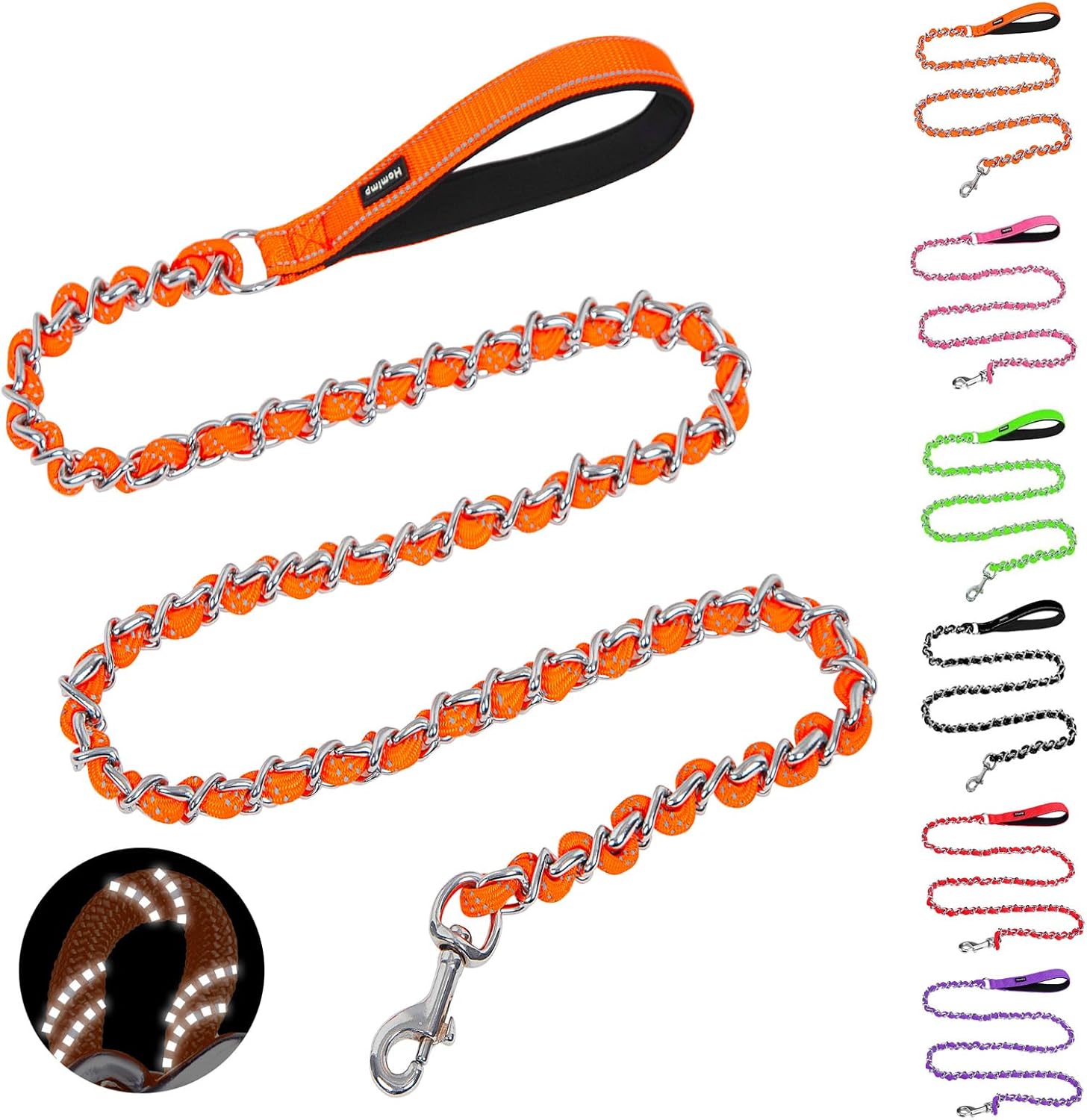 HOMIMP Chew Proof Dog Leash for Medium Large Dogs, Reflective 6 FT Heavy Duty Metal Chain Dog Leashes with Soft Padded Handle, Anti Bite Durable Rope Leashes for Pitbull, Non Chewable