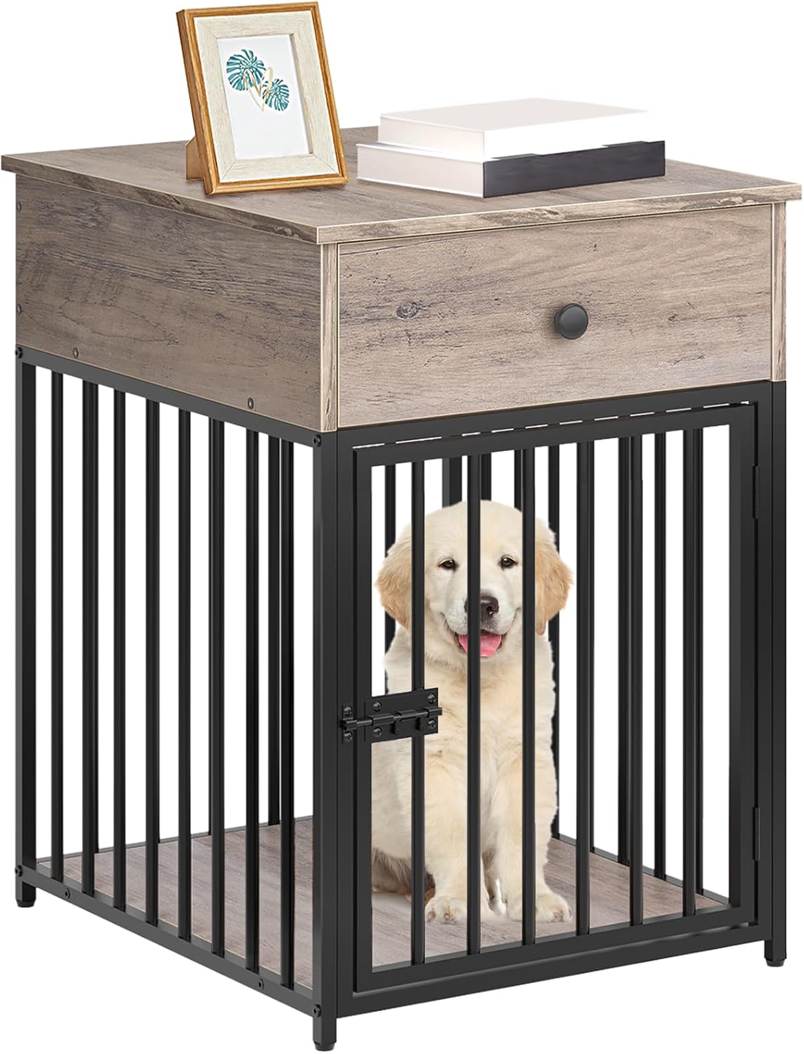 HOOBRO Dog Crate Furniture, Wooden Dog House, Decorative Dog Kennel with Drawer, Indoor Pet Crate End Table for Small Dog, Steel-Tube Puppy Cage, Chew-Proof, Greige BG01GW03
