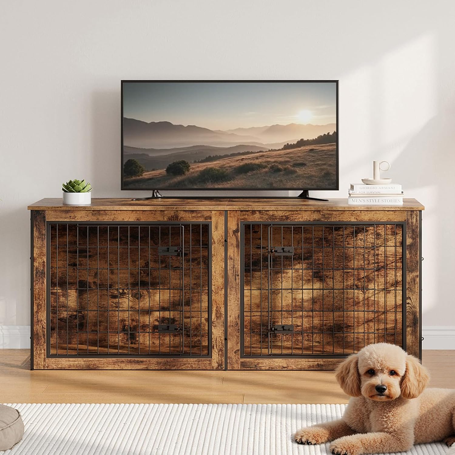 HOOBRO Dog Crate Furniture for 2 Dogs, 63″ Large Double Dog Crate Furniture with Divider, Wooden Indoor Kennel TV Stand for Medium Large Dogs, Rustic Brown BF55GW03