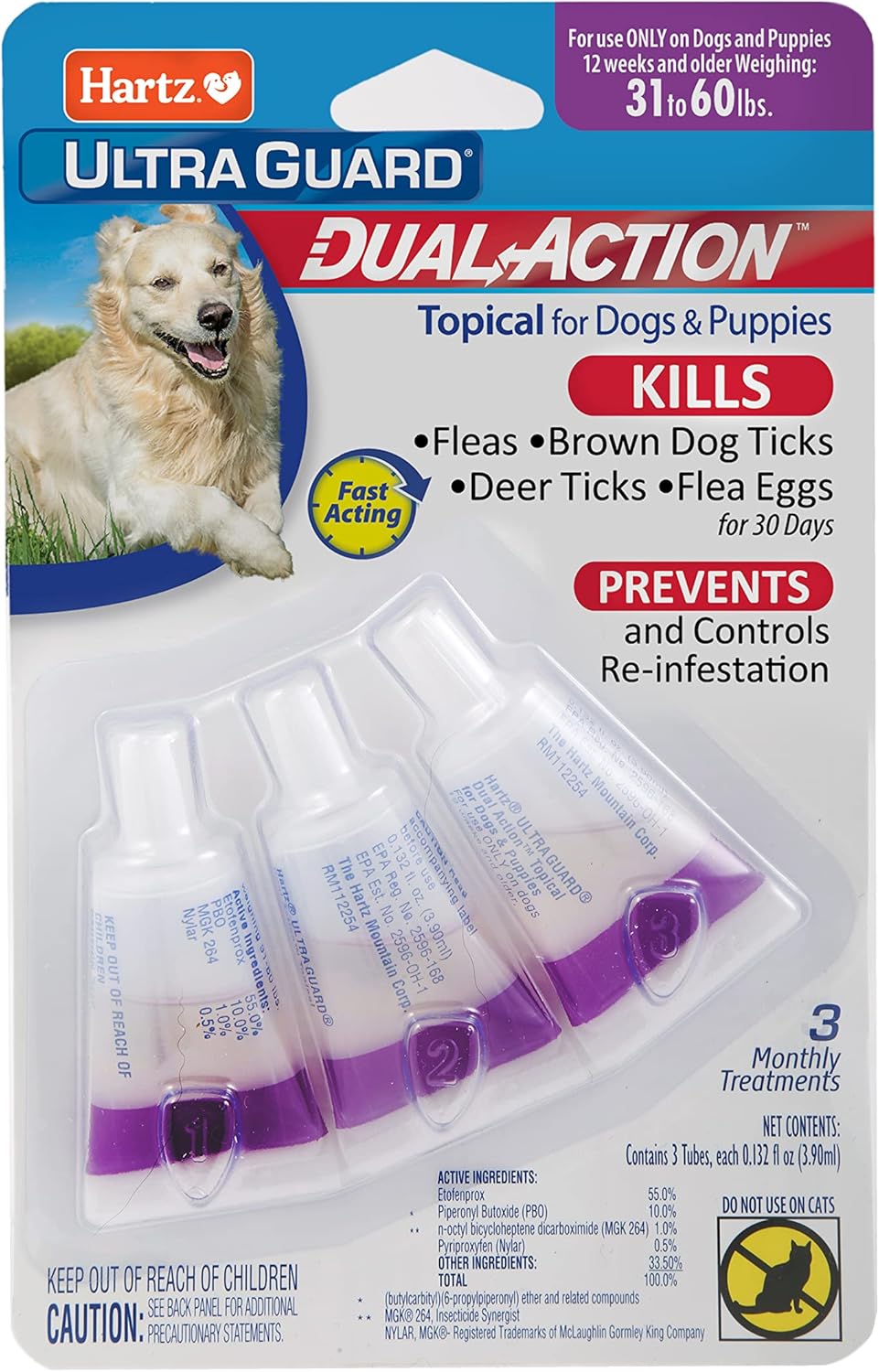 Hartz UltraGuard Dual Action Topical Flea & Tick Treatment for Dogs and Puppies – 31-60lbs, 3 Monthly Treatments