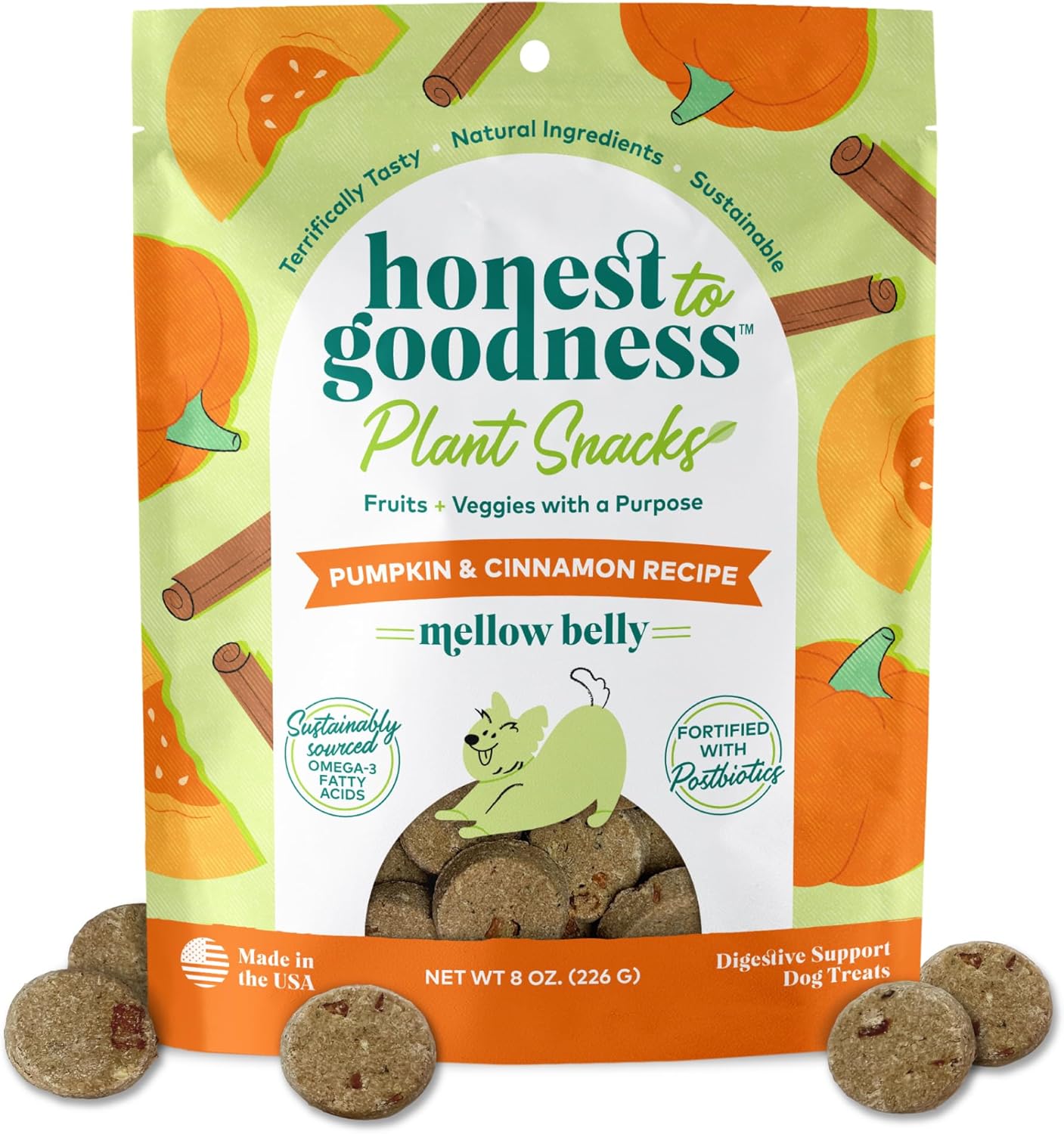 Honest to Goodness Plant Snacks Mellow Belly Pumpkin & Cinnamon Recipe Dog Treats, Enriched with Omega 3s & Postbiotics, 8oz