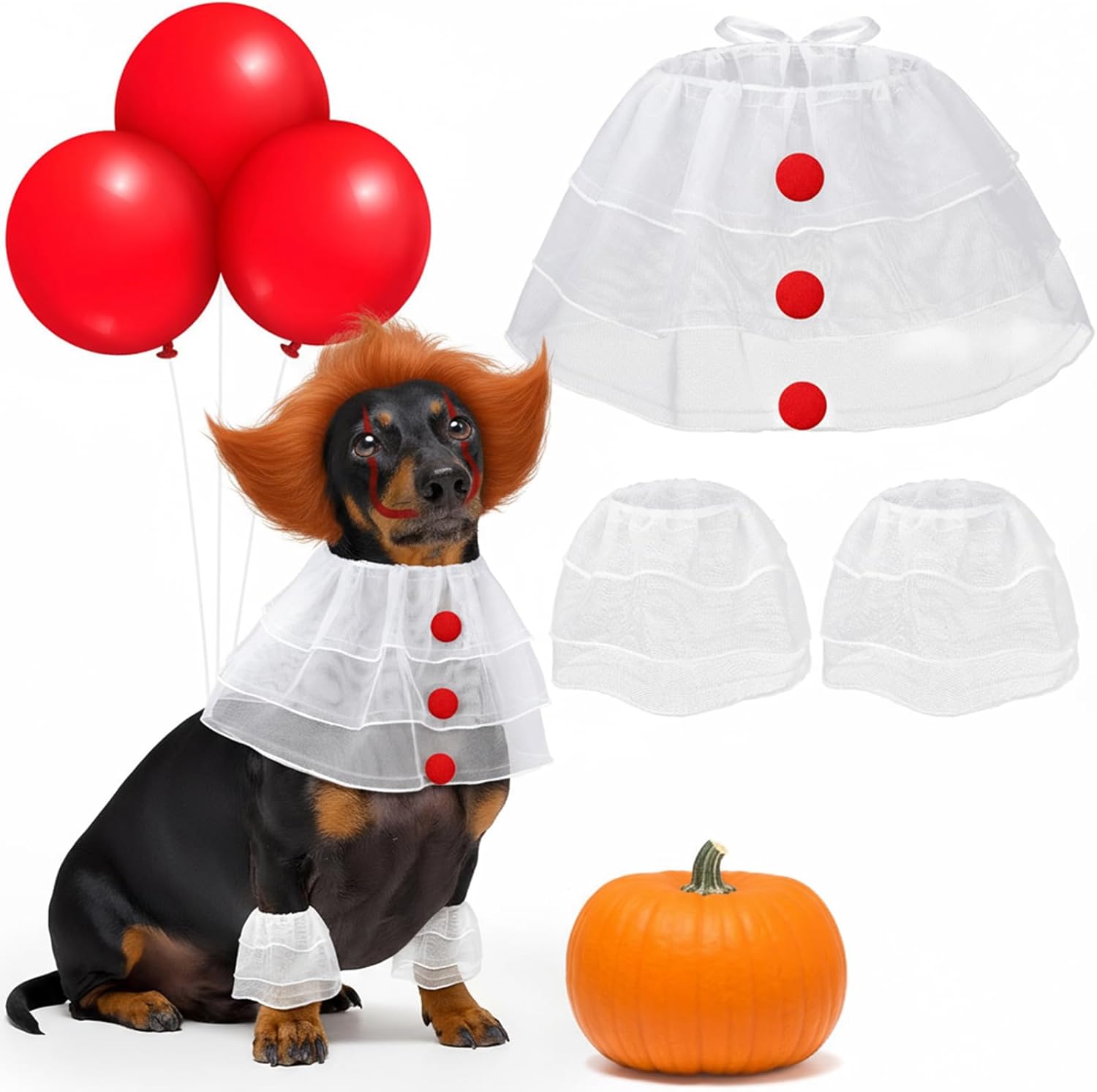 Huhumy Dog Halloween Clown Costume Set for Medium Large Dog Cosplay Clothes Outfit Accessories Include 1 Collar with Red Pom Pom Balls, 2 Leggings, 3 Red Balloons for Puppy Cat Pet Party Supplies