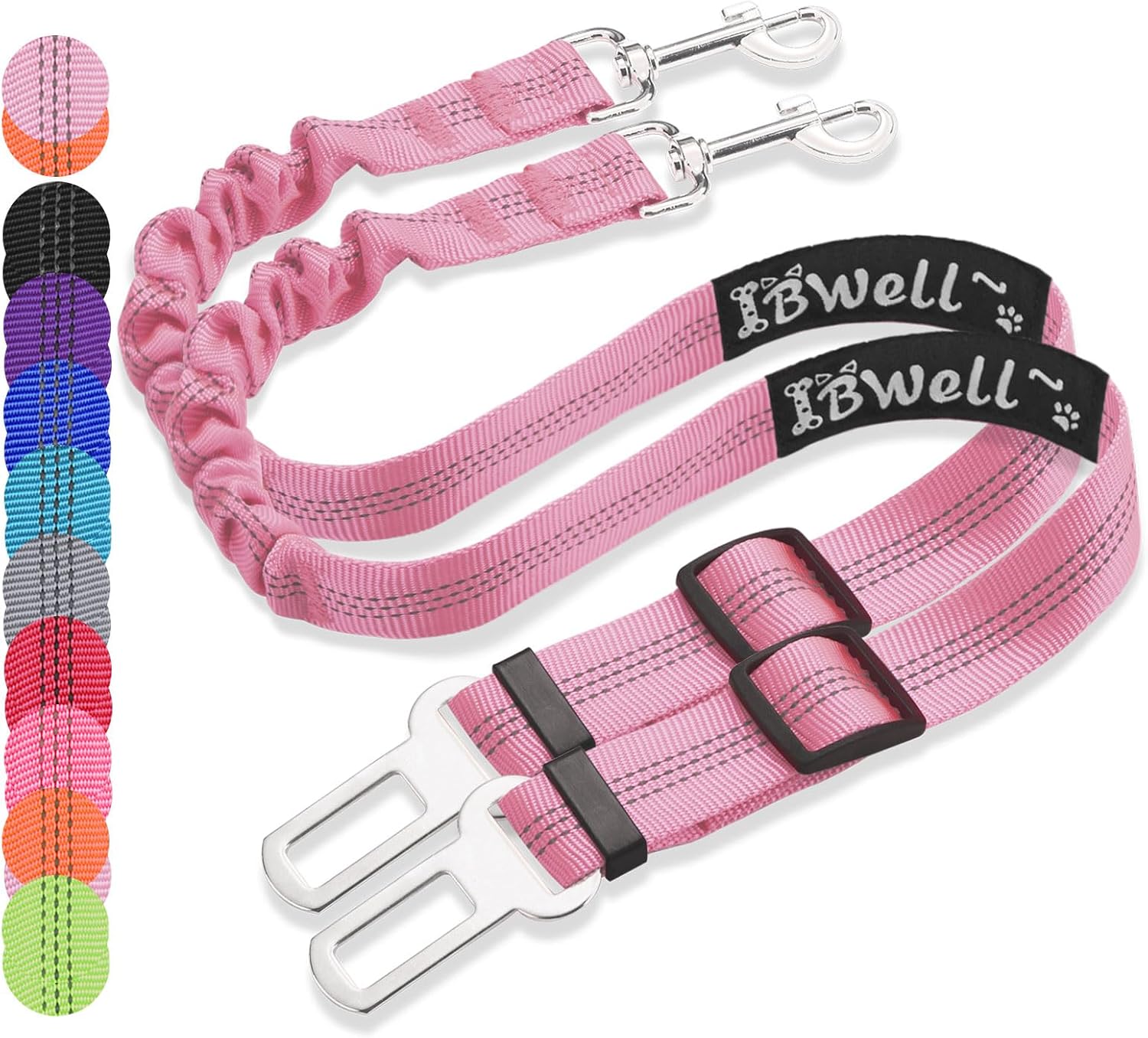 IBWell Dog Seat Belt for Car with Elastic Bungee Leash, Car Leash Car Seat Belt for Dogs (Light Pink, 2PCS-27.6″)