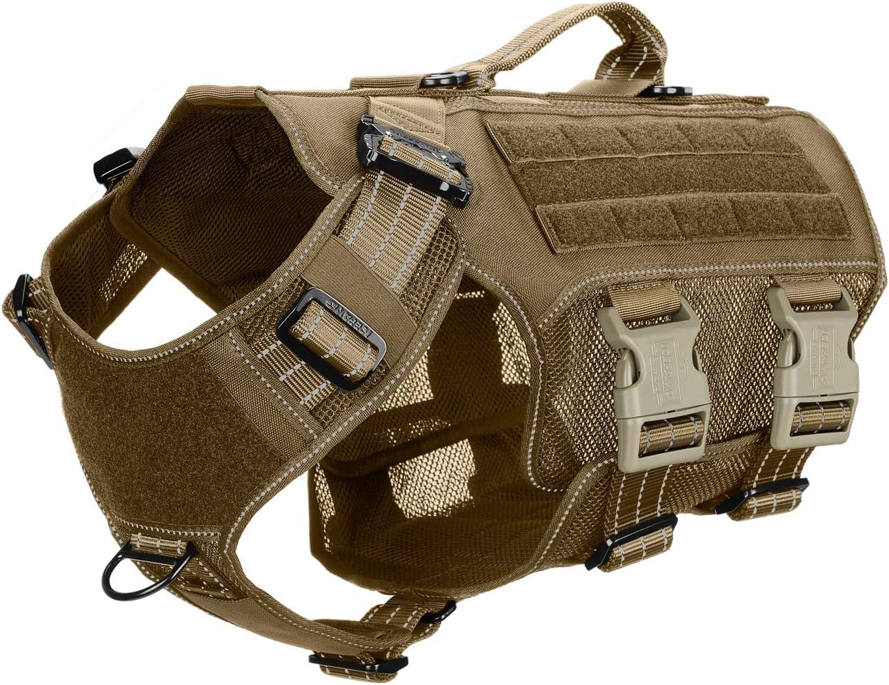 ICEFANG Tactical Mesh Dog Harness for Large Dogs,Reflective Dog Molle Vest with Metal Buckles,Hook and Loop Panels,No Pulling Front Clip for Walking Hiking Training (Large (Pack of 1), Brown)