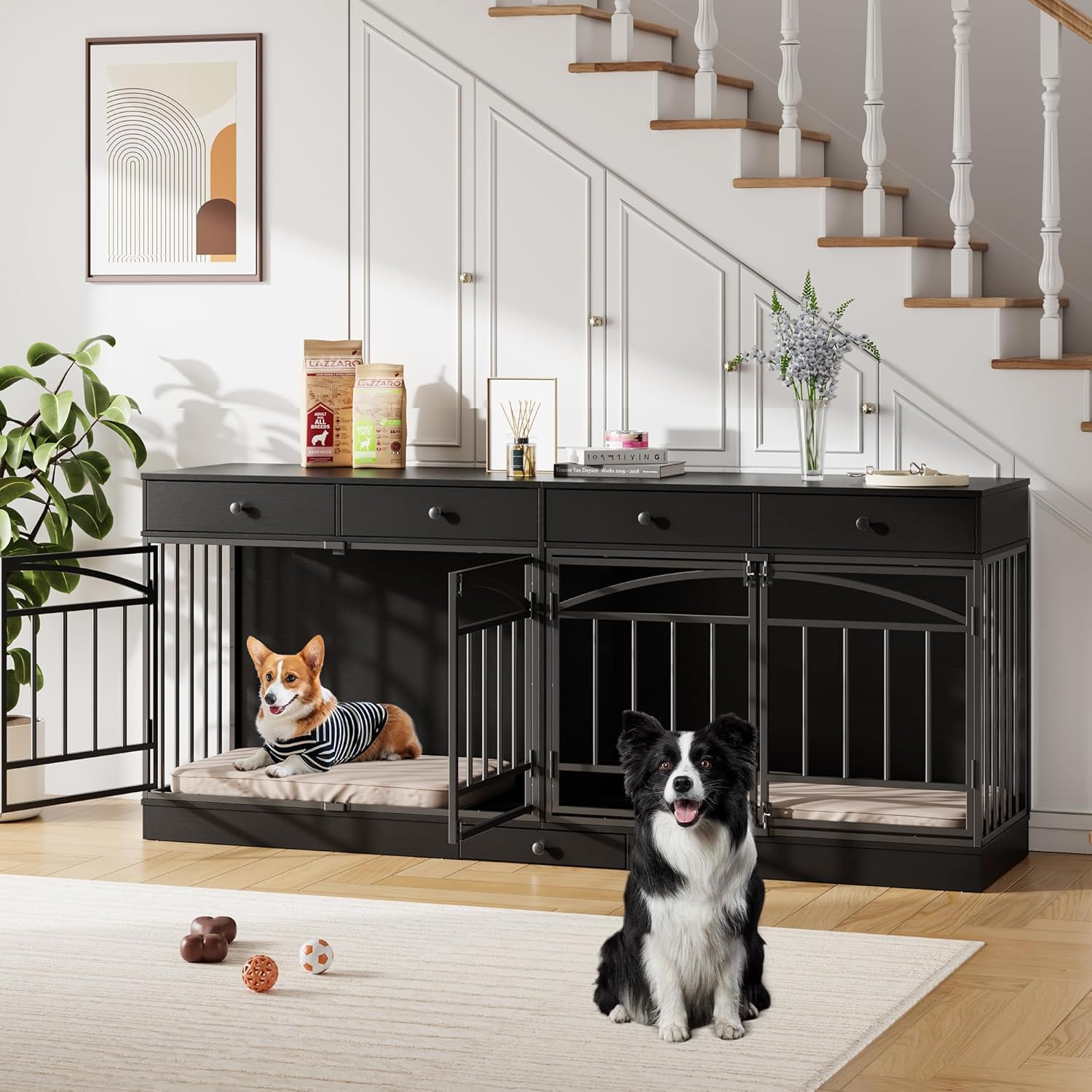 IDEALHOUSE 78.7″ Double Dog Crate Furniture with Storage and 4 Doors, Dog Kennel Indoor with Feeding Bowls, Wood Dog Crate TV Stand for Small Medium Dogs, Black