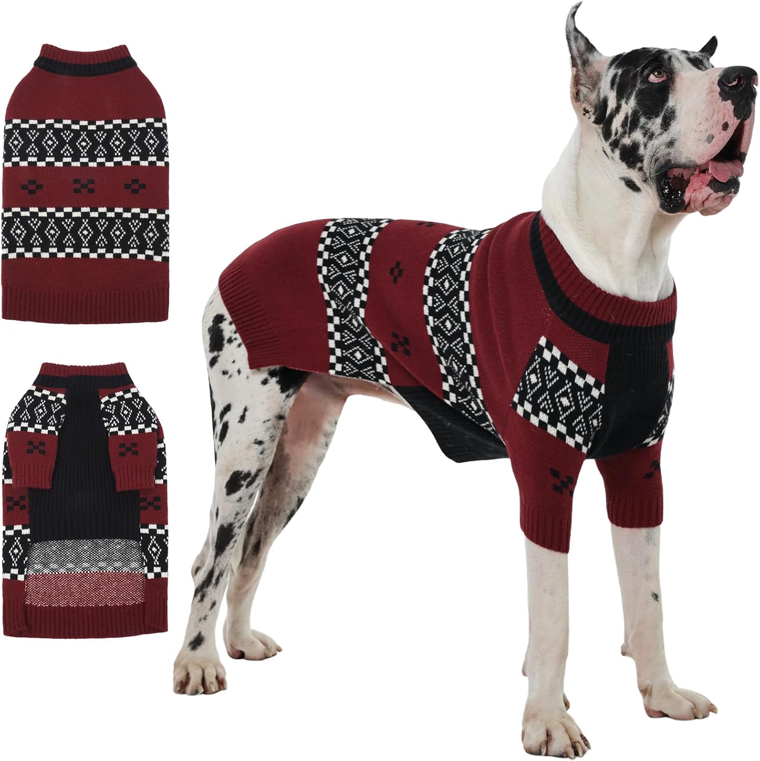 IECOii Great Dane Sweater, 4XL Dog Sweater for Giant Breeds Male, Warm Dog Sweaters with Fair Isle Pattern for Fall Winter Walking, Mid-Neck Pullover Thick & Stretchy for Big Dogs Boy, DarkRed, 4XL