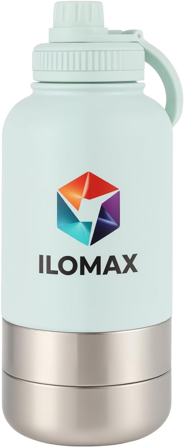 ILOMAX 3-in-1 Stainless Steel Dog Travel Water Bottle with Food & Water Bowls, Leak-Proof & Insulated, Extra Magnetic Lid, Keeps Drinks Cold 12H/Hot 6H, Portable Outdoor Hydration, 32oz (Bluish White)