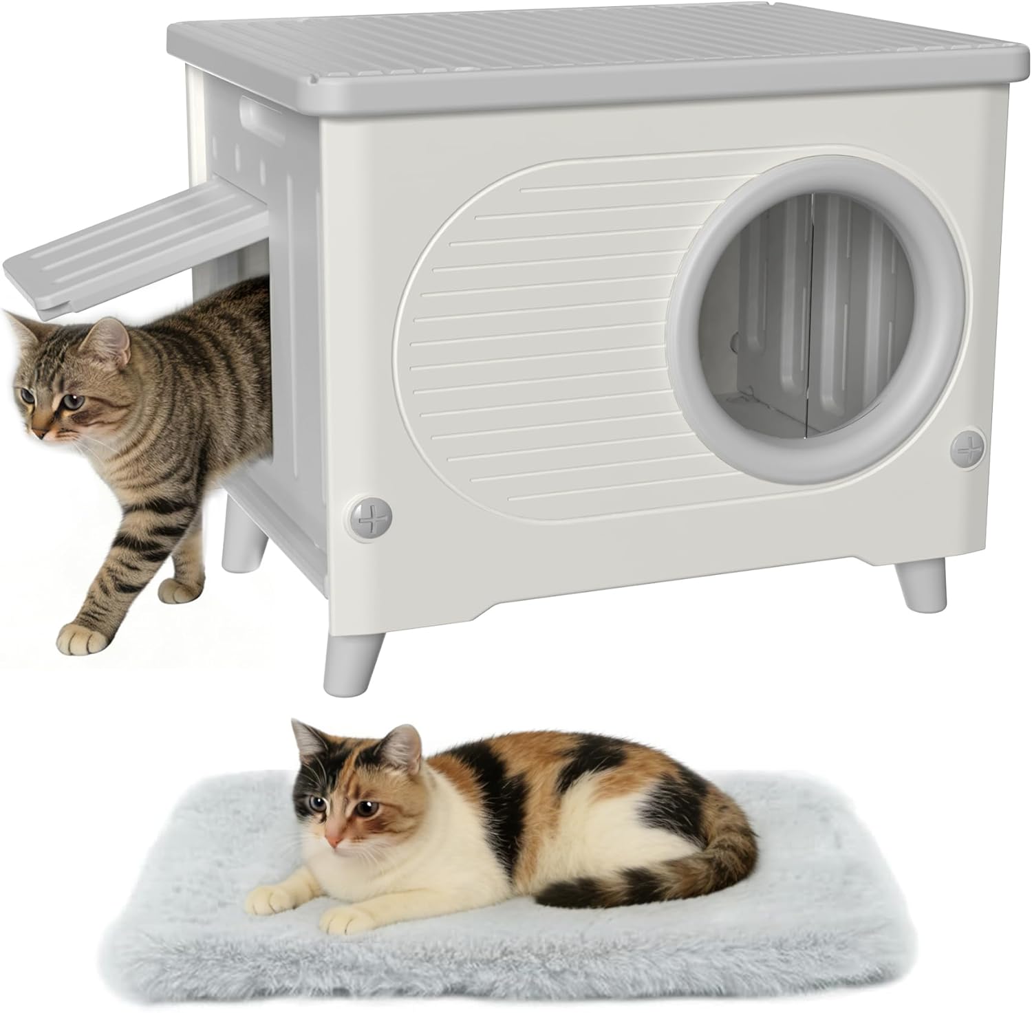 Insulated Elevated Feral Cat House, Weather Resistant Heavy Duty Plastic Outdoor Cat Shelter with Escape Door, Rain Curtain & Cozy Cushion, Stackable All Season Indoor Outdoor Cat House (White)