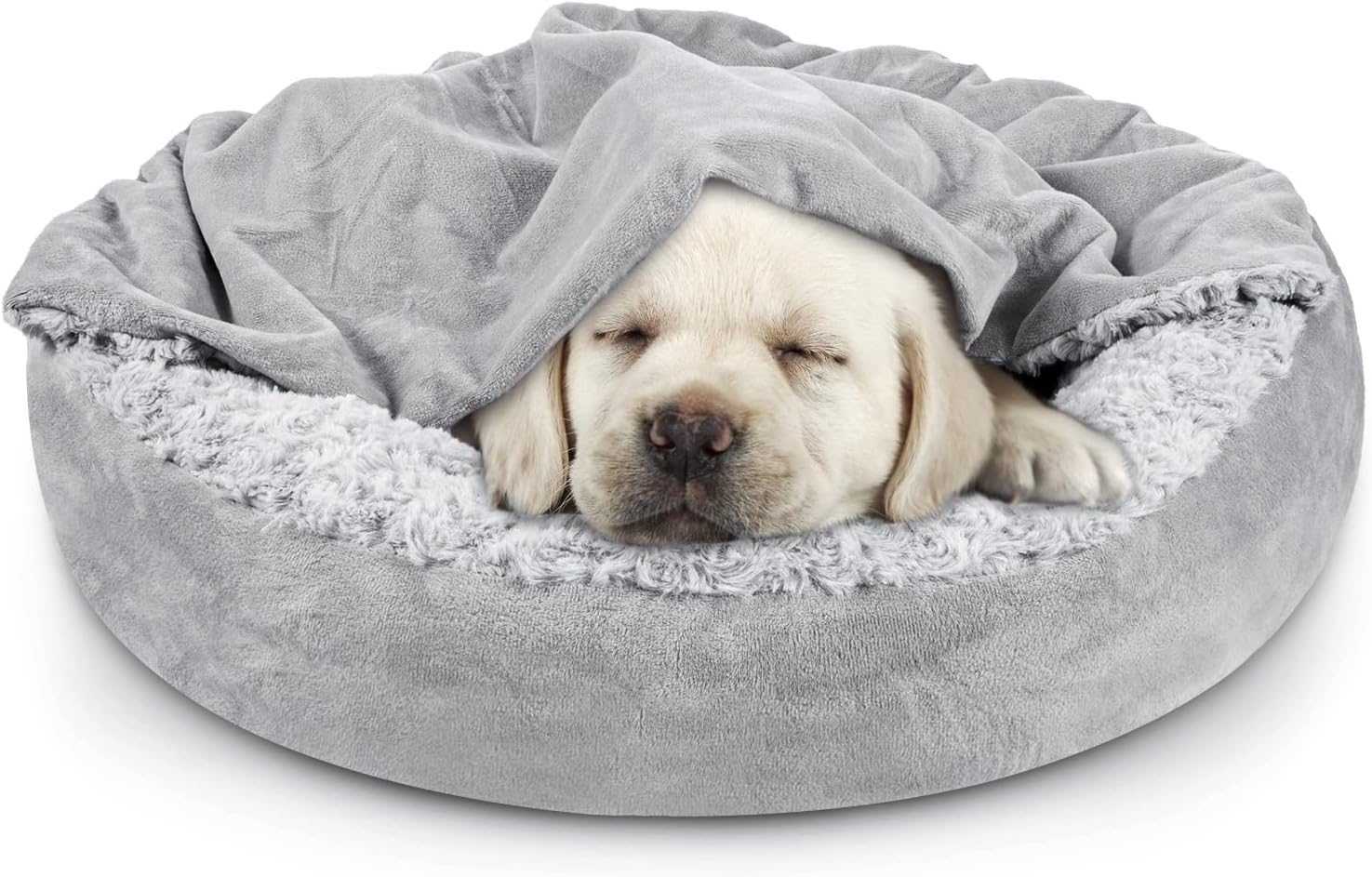 JOEJOY Small Dog Bed Cat Bed with Hooded Blanket, Cozy Cuddler Luxury Puppy Pet Bed, Donut Round Calming Anti-Anxiety Dog Burrow Cave Bed – Anti-Slip Bottom and Machine Washable 23 inch