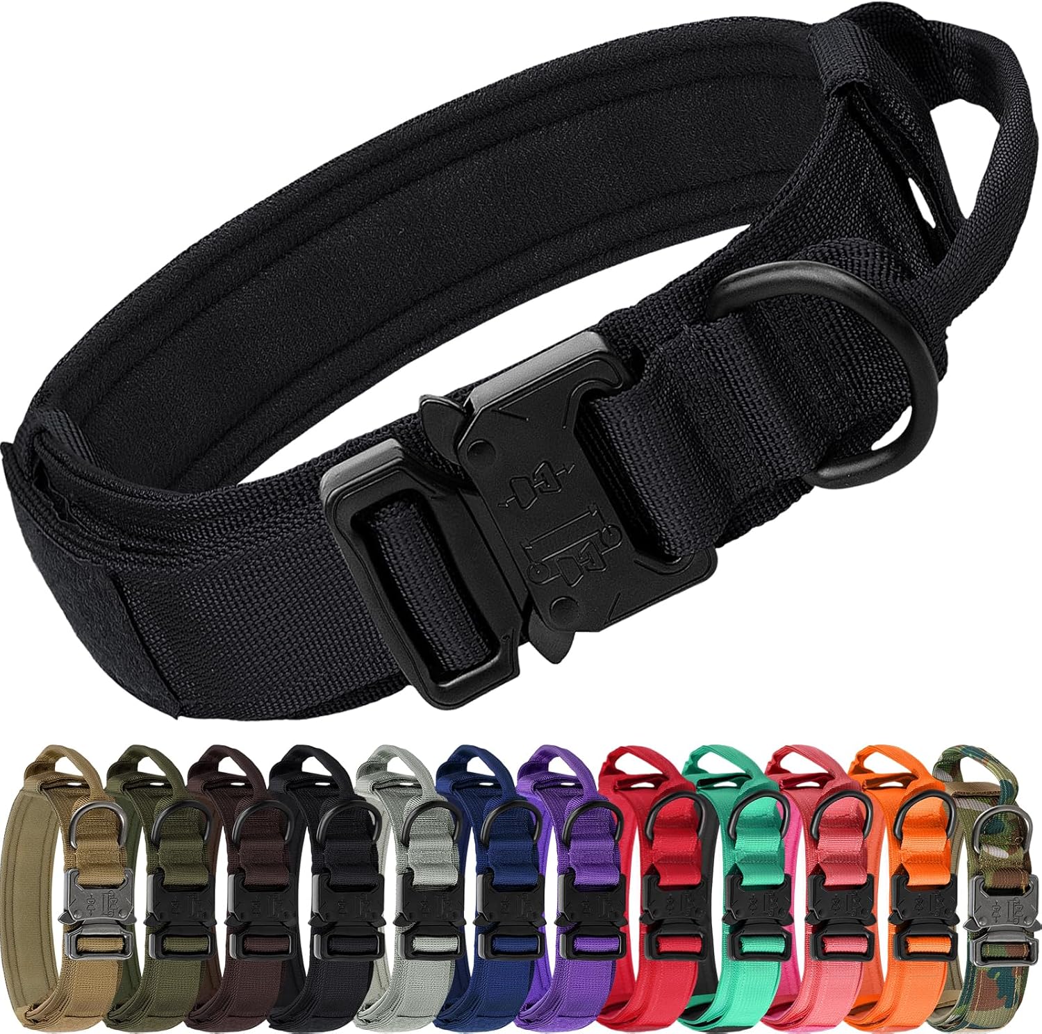 Joytale Tactical Dog Collar with Handle and Metal Buckle, Heavy Duty Padded Military Collar with 2 Patches for Training, Adjustable for Medium Dogs, Black, M