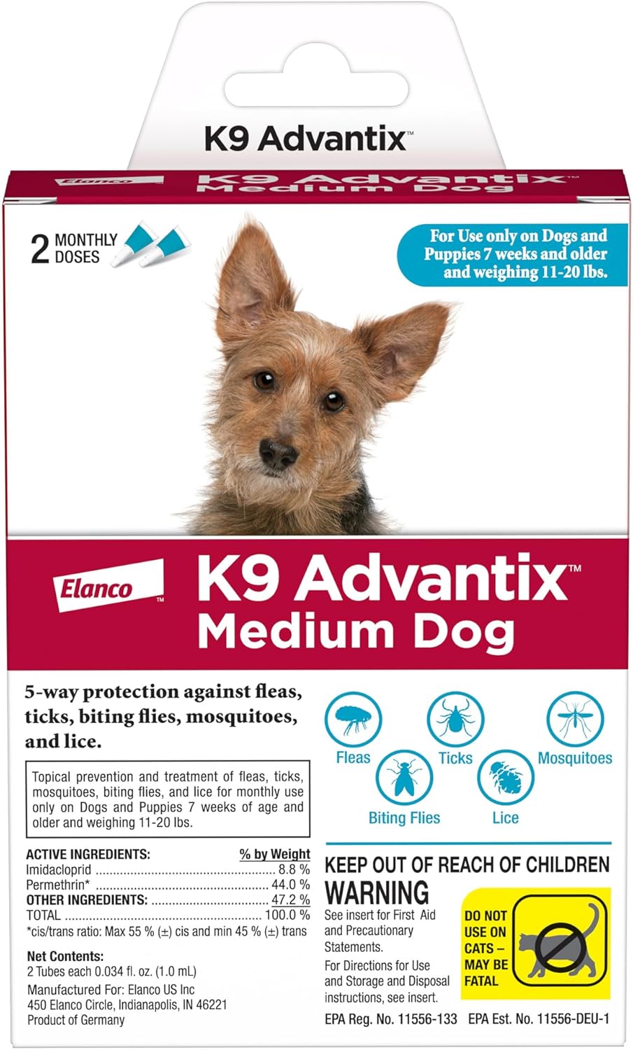 K9 Advantix Flea, Tick & Mosquito Prevention for Dogs 11-20 lbs. | Flea Drops for Medium Dogs | Apply Monthly | 2 Treatments