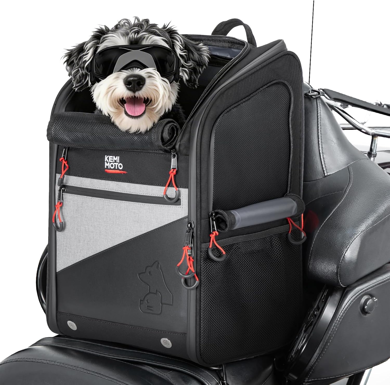 KEMIMOTO Motorcycle Dog Carrier Backpack for Small Dog & Cat Under 17 lbs, Anti-Escape Safety Clip, Padded Shoulder Straps Pet Carrier for Street Glide with Passenger Seat Touring Trike Models Can Ams