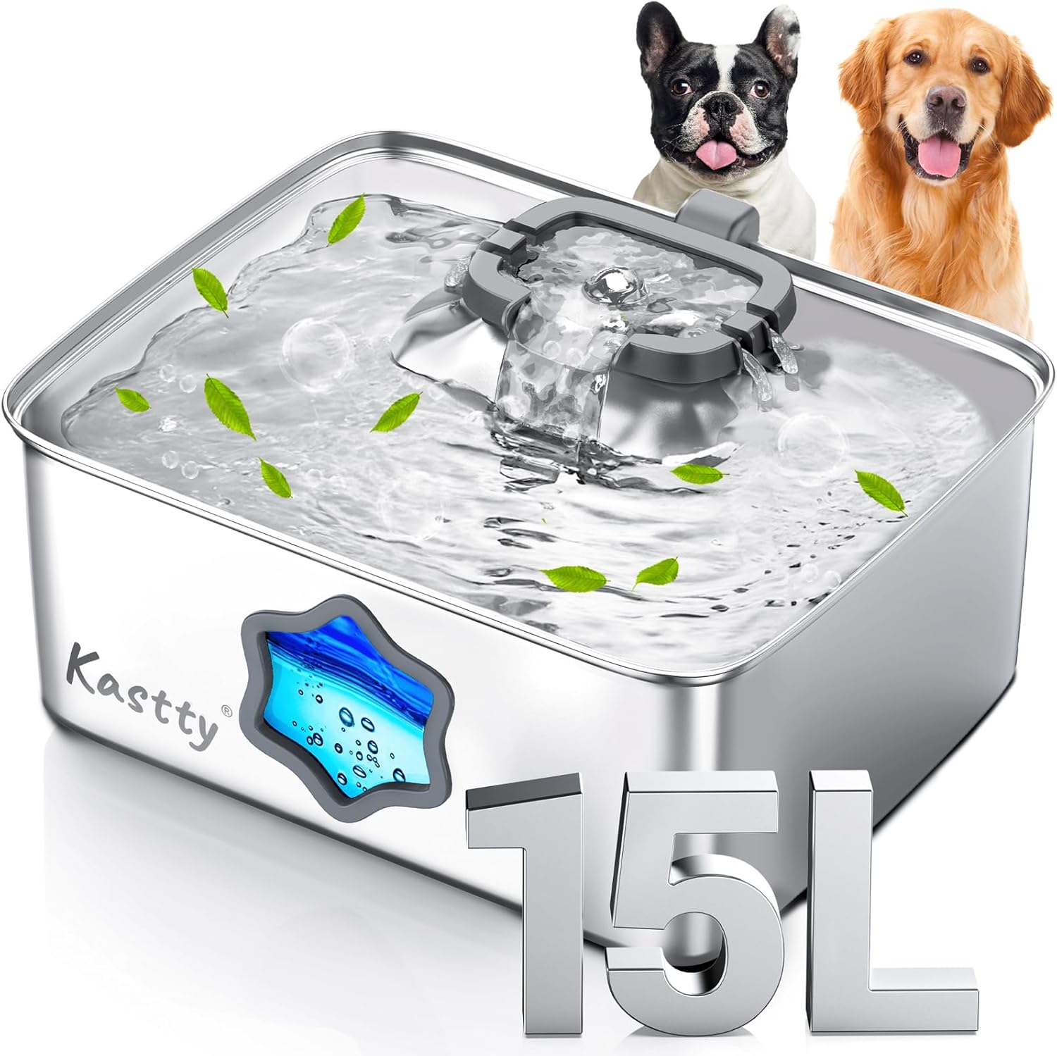 Kastty Large Dog Water Fountain, 15l/4gal Stainless Steel AUTO Pet Water Bowl Dispenser Indoor, 5-Stage Filtration, Dual-Color LED, Visual Window, Quiet, for Large Medium Dogs & Multi-Pet, FS81