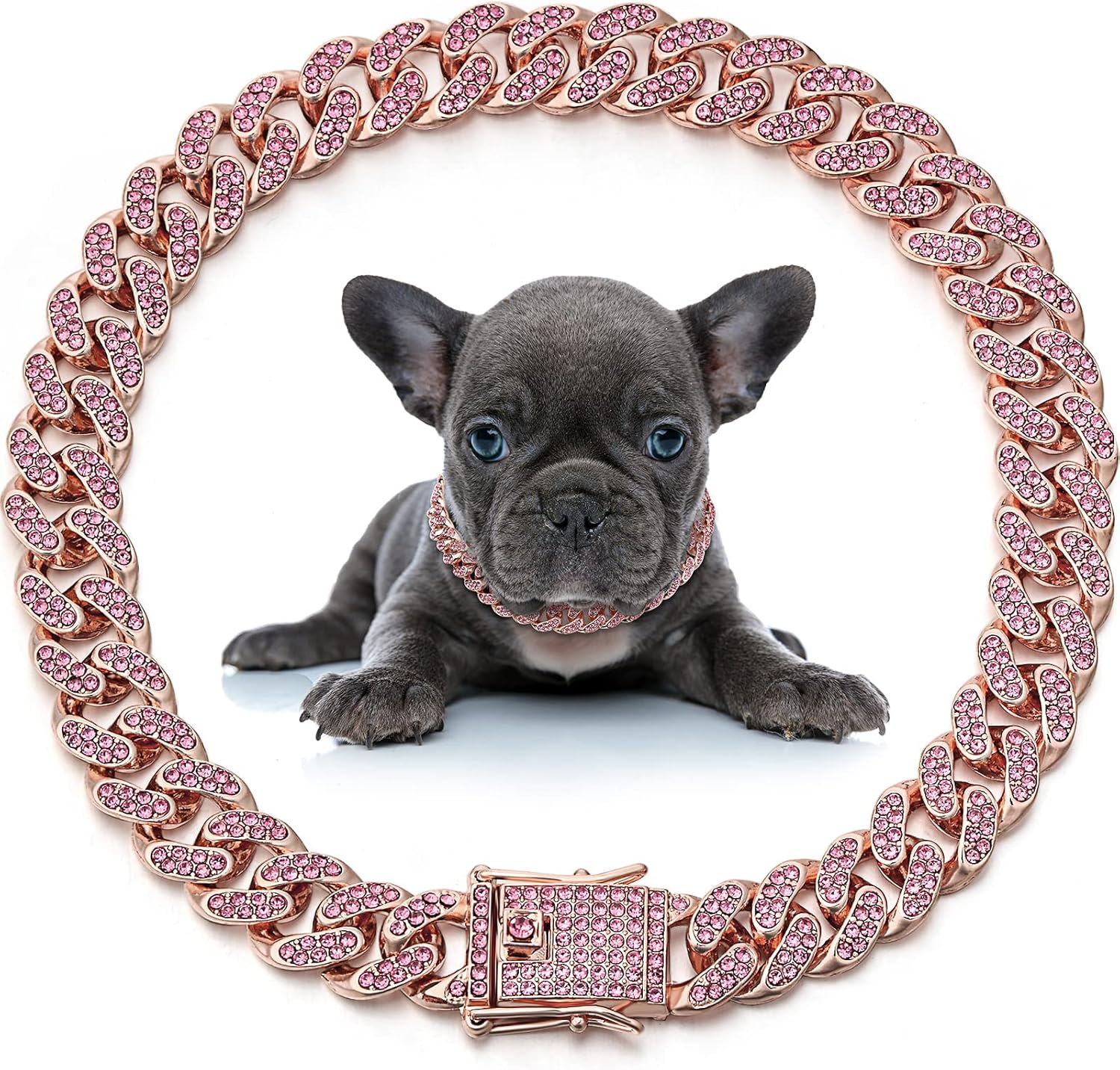 LEIFIDE Dog Chain Collar Diamond Link Puppy Collar 12 mm Wide Dog Necklace Metal Cat Chain Pet Crystal Necklace Jewelry Accessories for Small Medium Large Pet(14 Inch,Rose Gold, Pink)