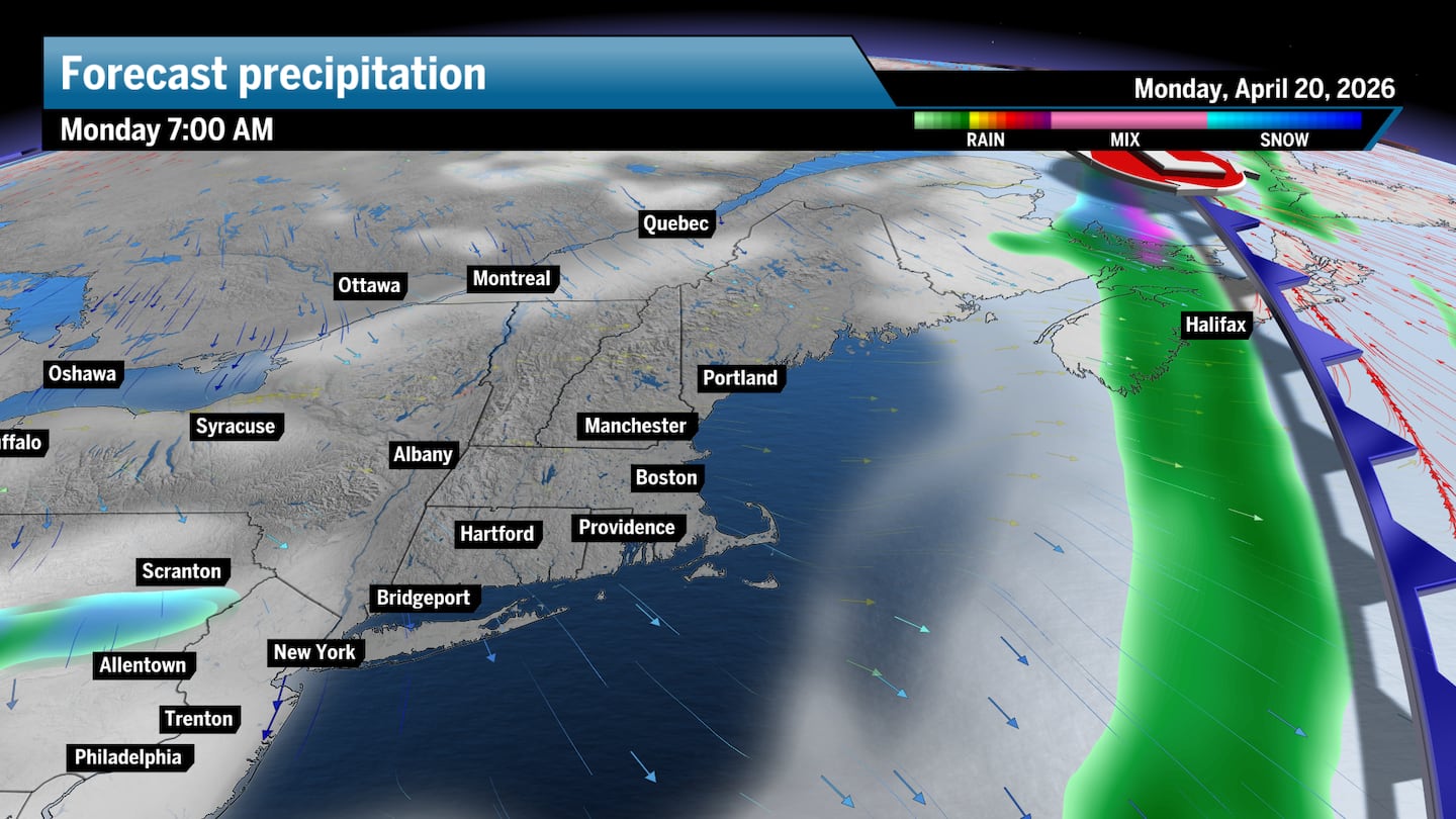 A front will clear the region on Marathon Monday, and a sliver of energy to the southwest may produce an isolated sprinkle late.