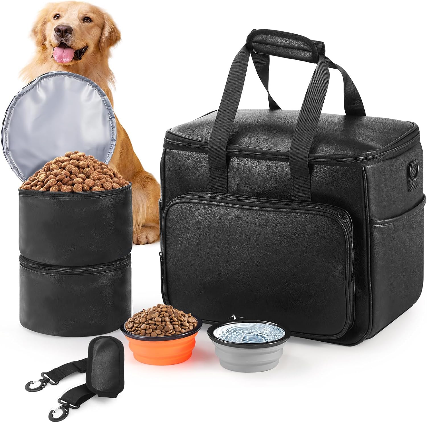 Lasaviin Dog Travel Bag, Leather Travel Pet Bag Set for Dog and Cat, Airline Approved Tote Organizer with Multi-Function Pockets, 2 Food Storage Containers, 2 Collapsible Bowls