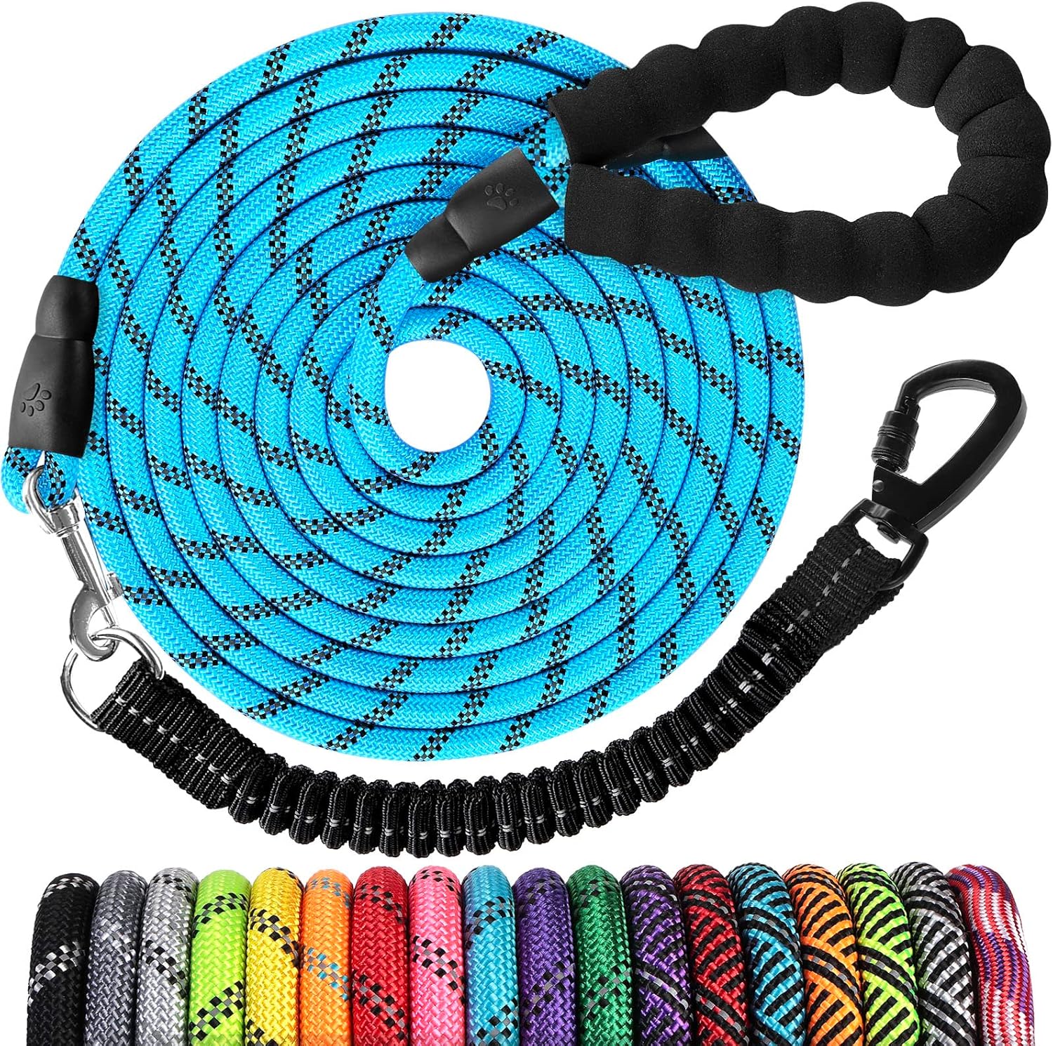 Long Dog Leash 10 FT: Heavy Duty Rope Leashes for Dogs Training with Swivel Lockable Hook Reflective Threads Bungee and Padded Handle – Dog Lead for Large Small Medium Dogs Outside Walking Hiking Blue