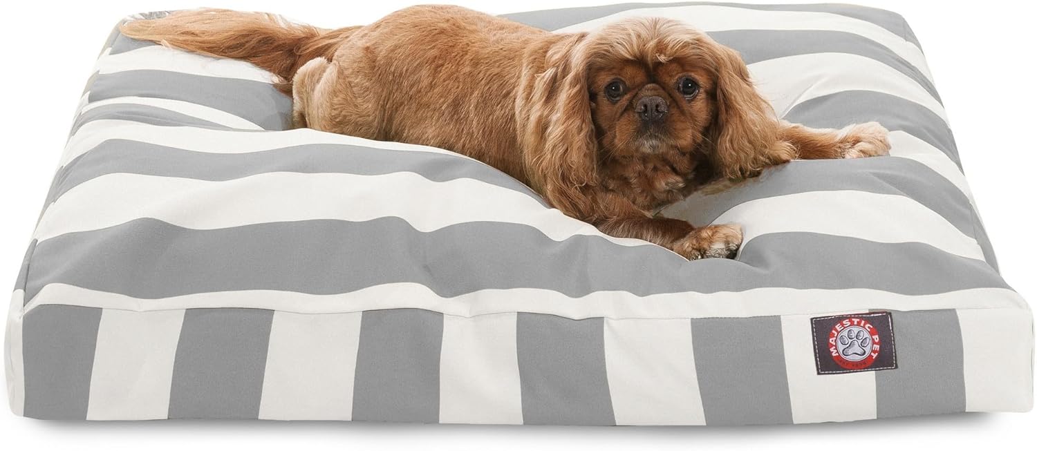 Majestic Pet Shredded Memory Foam Dog Bed Medium with Removable Washable Cover 35x29x4 Inch – Rectangle Orthopedic Dog Bed for Senior Dogs–Flat Durable Dogs Crate Bed – Vertical Stripe – Gray