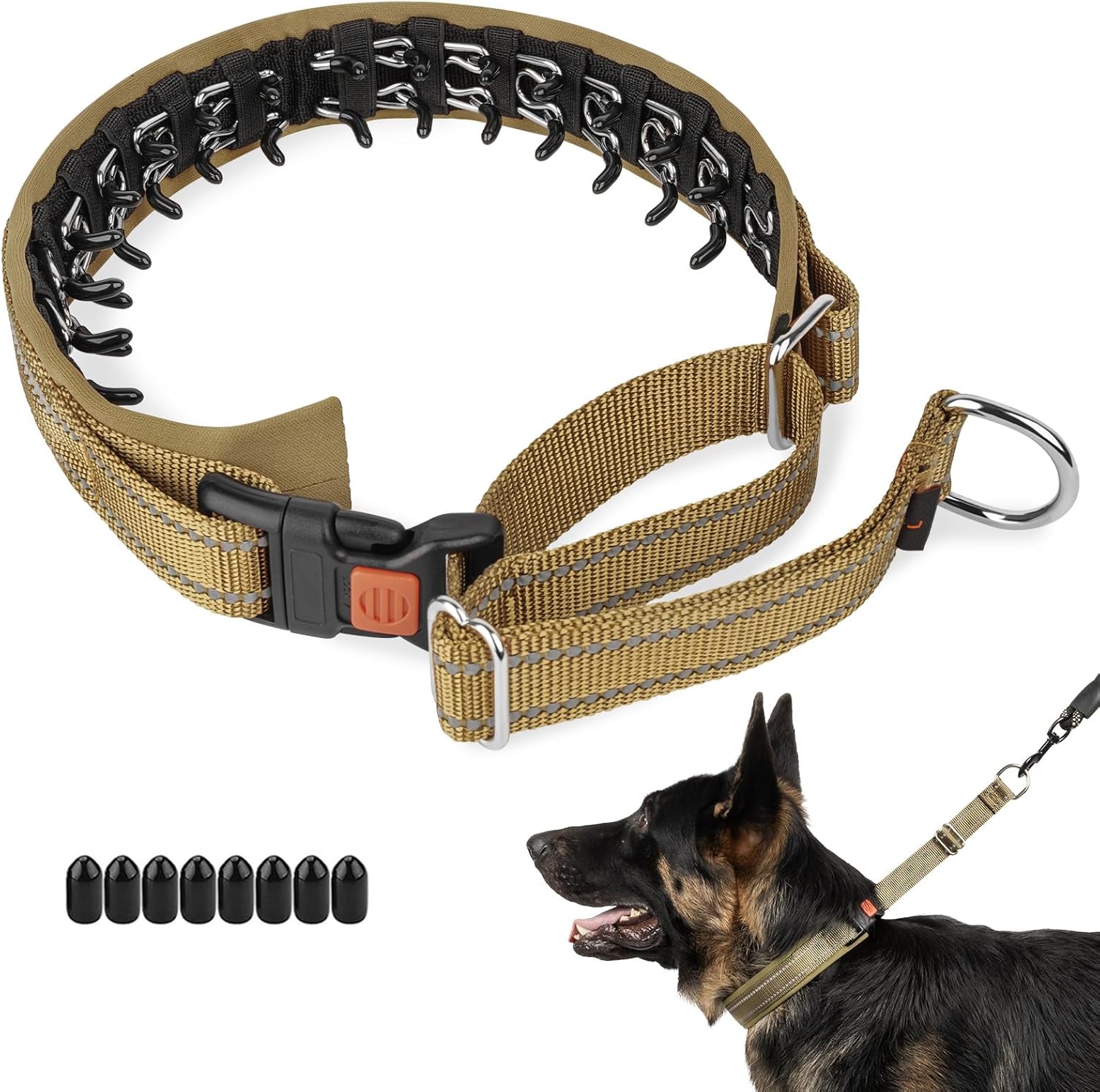 Mayerzon Martingale No Pull Collar for Medium Large Dogs German Shepherd Doberman Pitbull, Patented Anti Pull Correction Dog Collar for Walking Training, Reflective, Adjustable, Hidden(L, Khaki)