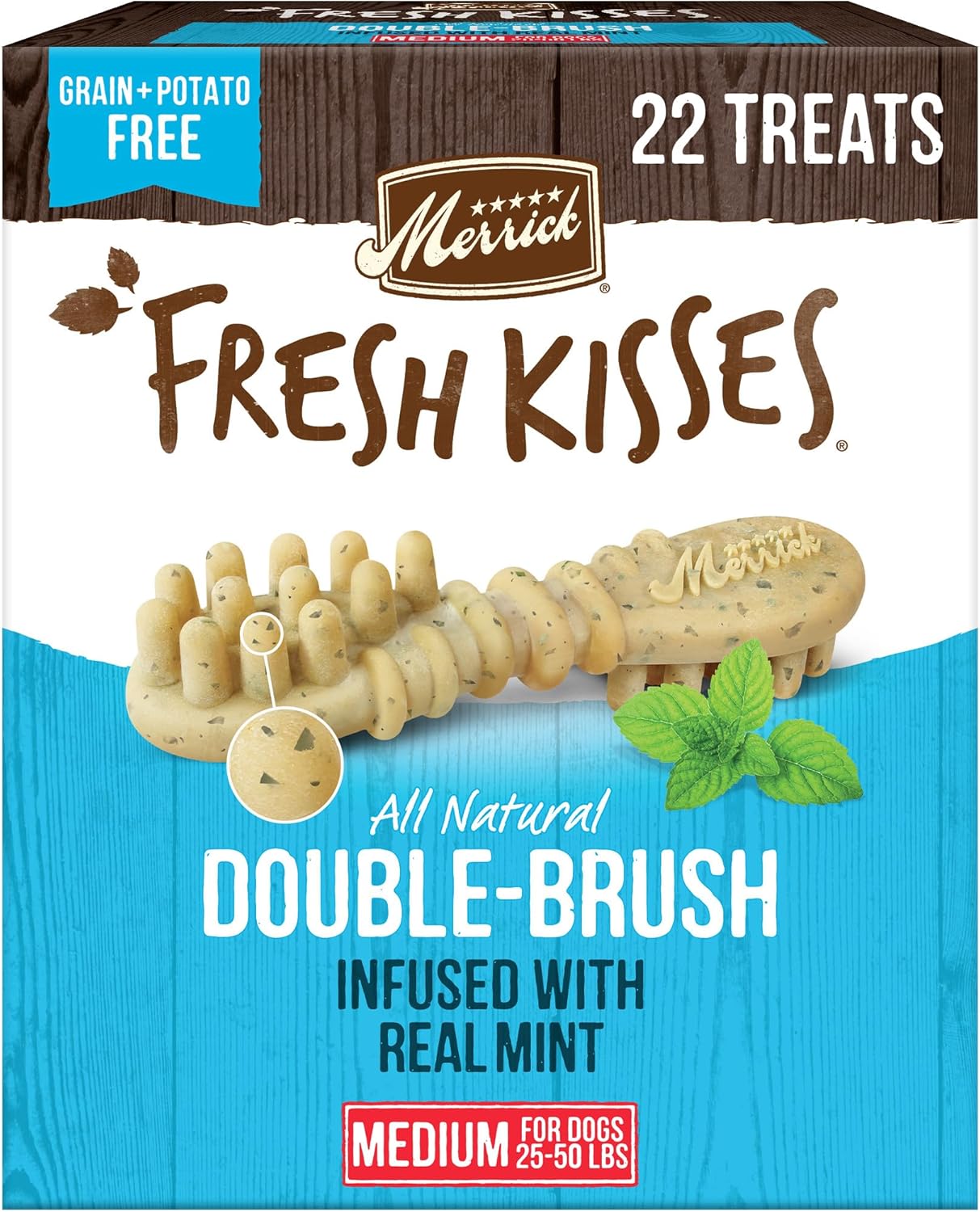 Merrick Fresh Kisses Dog Dental Chews Infused With Real Mint for Medium-Sized Dogs, Grain-Free Pet Treats, 23.0 oz. Box