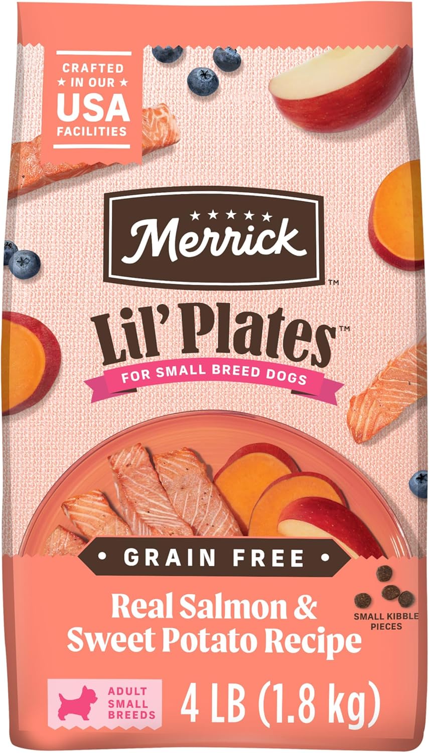 Merrick Lil’ Plates Premium Grain Free Dry Dog Food for Small Dogs, Real Salmon and Sweet Potato Kibble – 4.0 lb. Bag