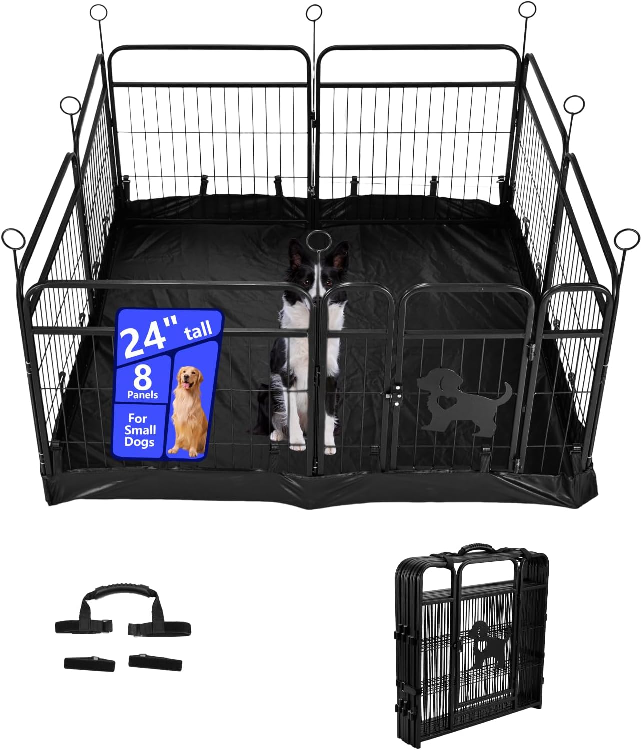 Metal Dog Playpen with Mat, Black Indoor Outdoor Pet Exercise Pen with Safety Gate, Foldable Wire Fence Enclosure (Black with mat, 24inch, 8)