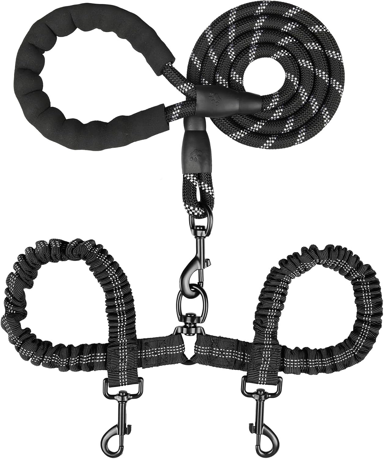 MingXpets Double Dog Leash, Dual Dog Leash, 360° Swivel Tangle Free Bungee Walking Training for Large Medium Dogs, Shock Absorbing Bungee Reflective for Two Dogs, 18~120 lbs, Black