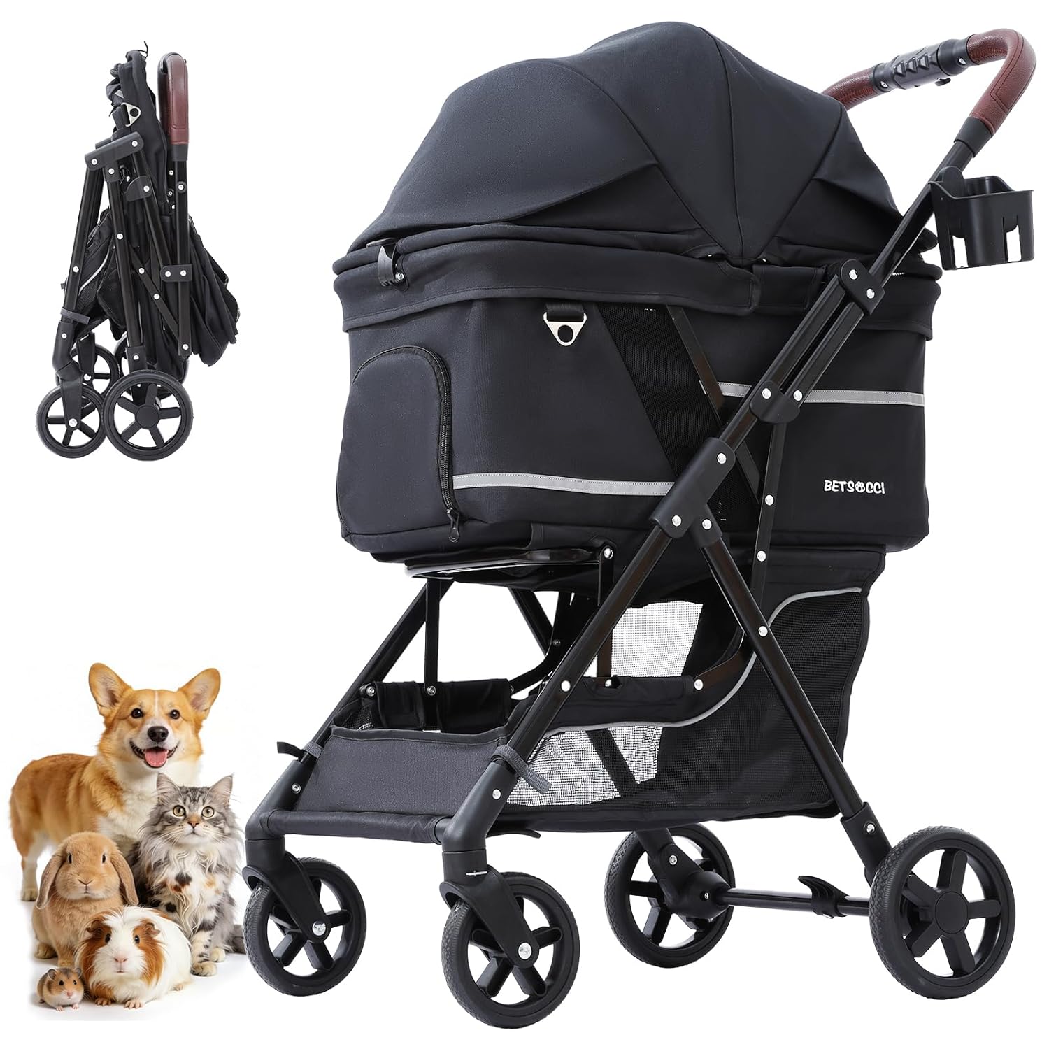 NO-Zip Pet Stroller for Small Dogs & Cats, Lightweight Dog Stroller with Reflective Safety Strips, One-Hand Fold, Claw-Proof Mesh, Breathable Travel Carriage, 33lbs Capacity, Black