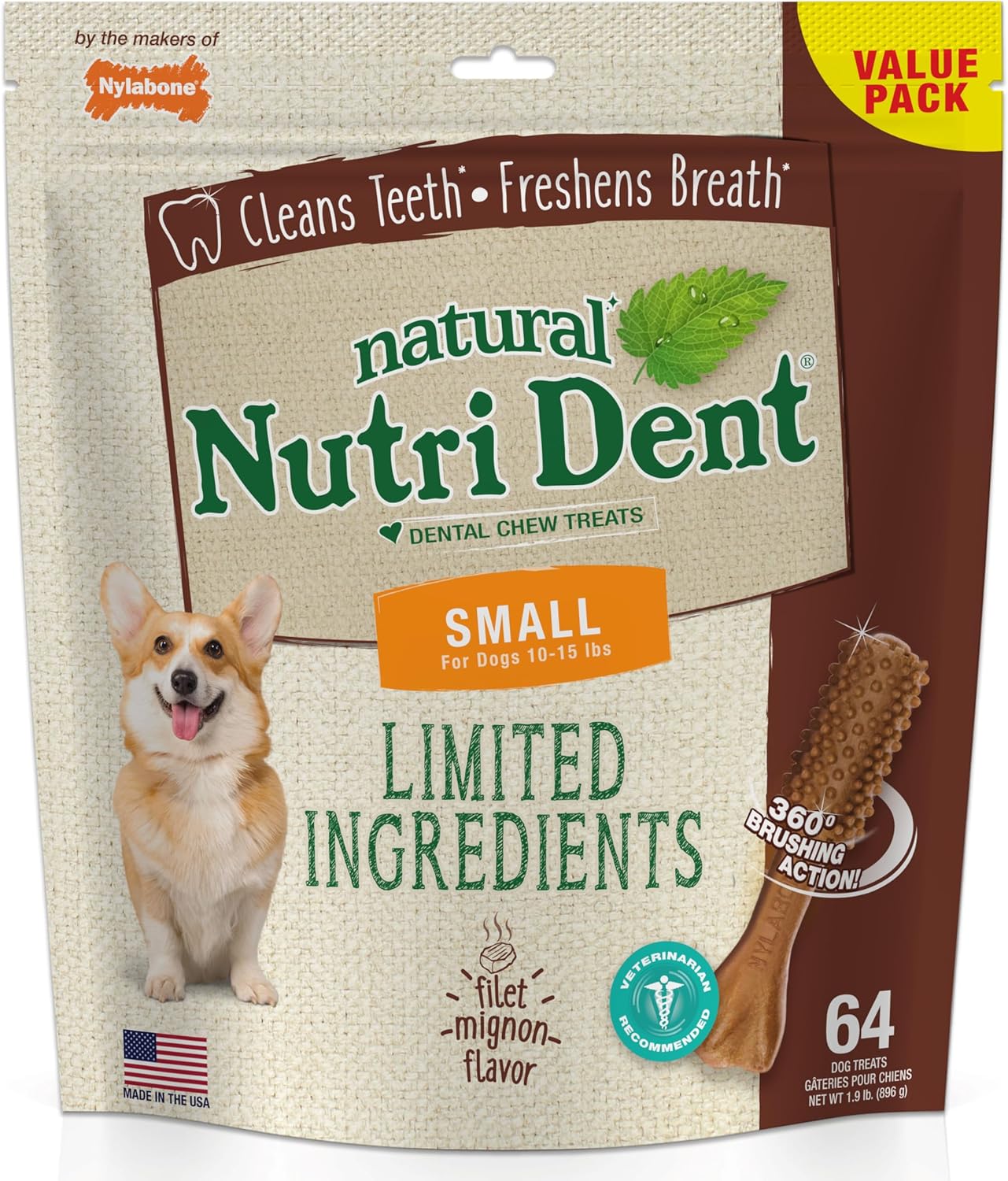 Nylabone Nutri Dent Dog Dental Chews – Natural Dog Teeth Cleaning & Breath Freshener – Dental Treats for Dogs – Filet Mignon Flavor, Small (64 Count)