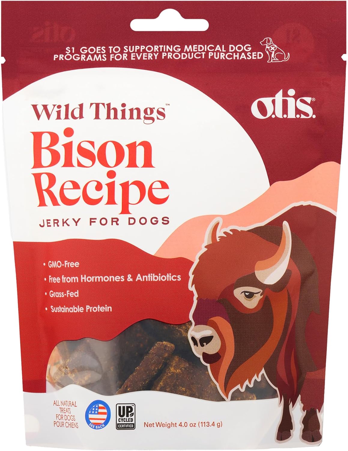 O.T.I.S. Wild Things Bison Recipe Jerky for Dogs – 4 oz – Soft Bison Treats with Flaxseed – Grass-Fed, GMO-Free – No Hormones or Artificial Additives