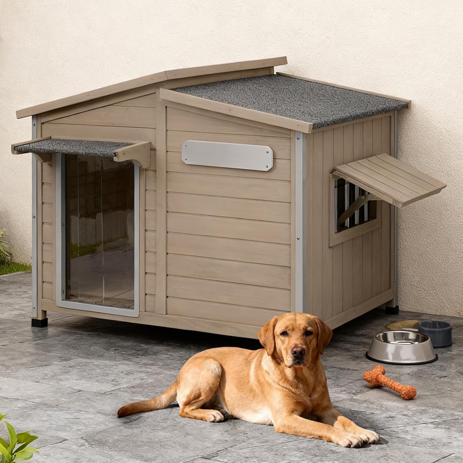 Outdoor Wooden Dog House for Small & Medium Dogs, Weatherproof Winter Dog Kennel with Openable Roof & Window, Chew-Resistant Frame, Cozy Indoor Shelter