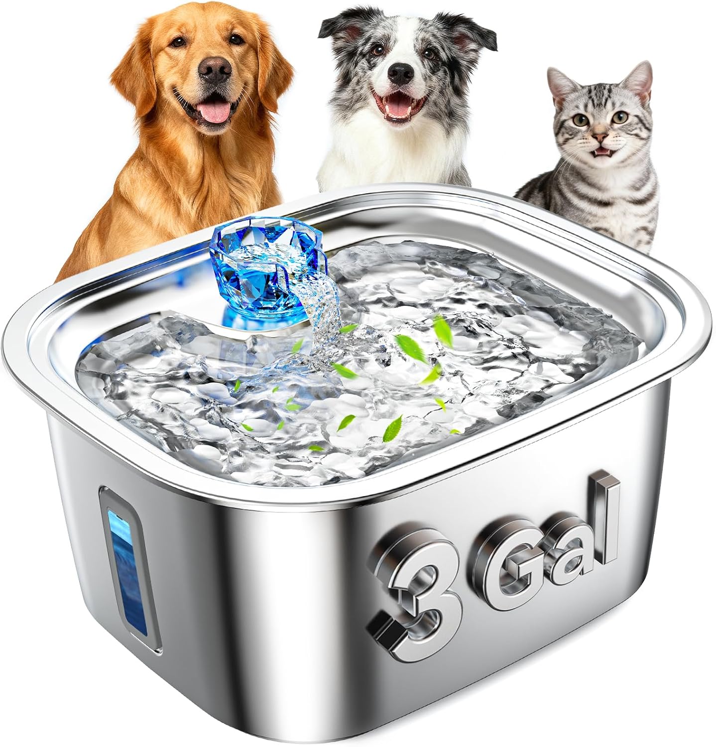 PETNF 3-Gallon Stainless Steel Dog Water Fountain for Large Dogs, Dog Water Bowl Dispenser with 2 Filters, Visible Water Window, Quiet Pump & LED Low-Water Indicator