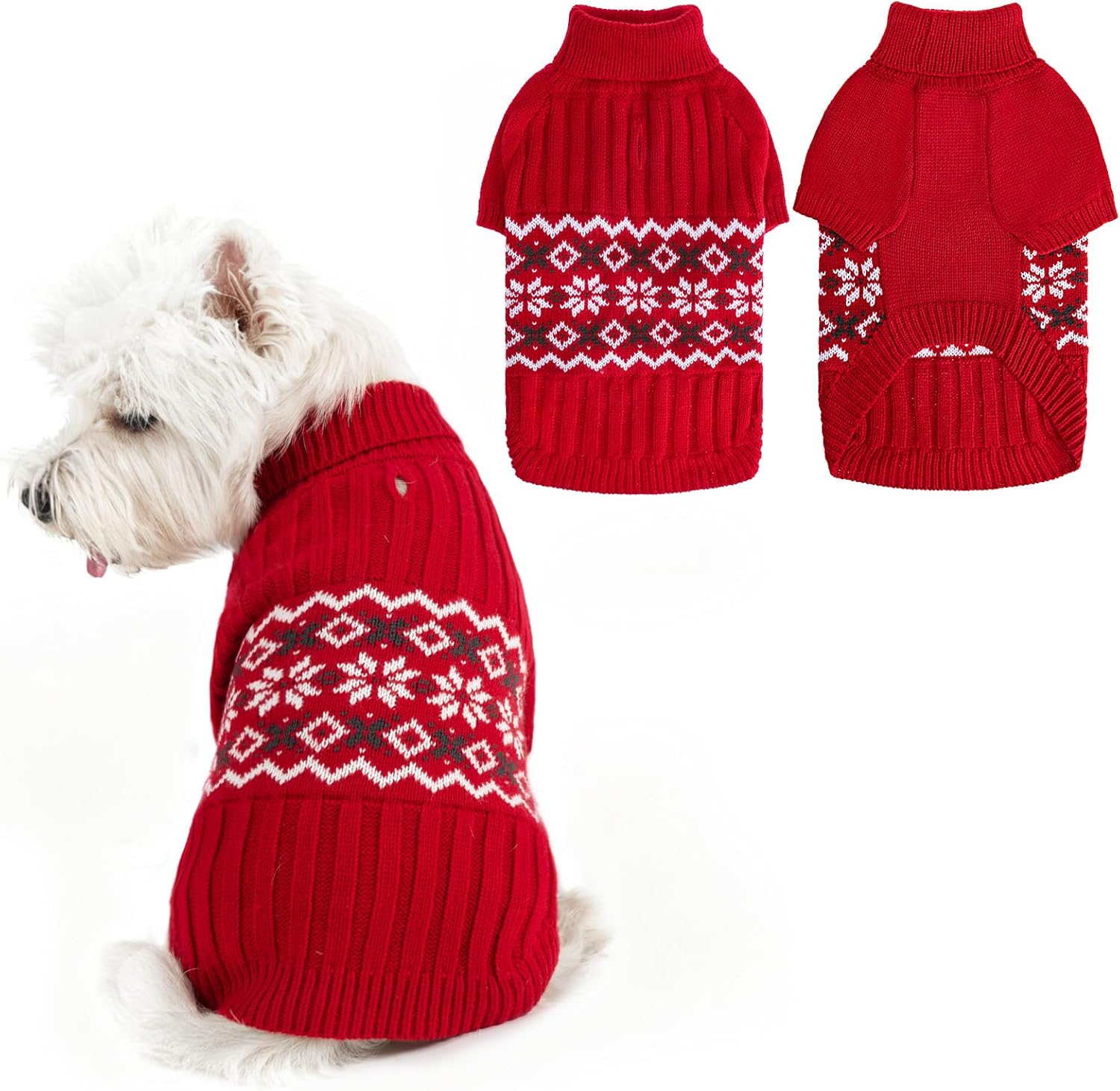 PUPTECK Dog Sweater, Turtleneck Warm Pet Clothes with Leash Hole, Pullover Thick Snowflake Pattern Winter Outfit Christmas Sweaters for Small Medium Large Dogs Boy Girl, Red M