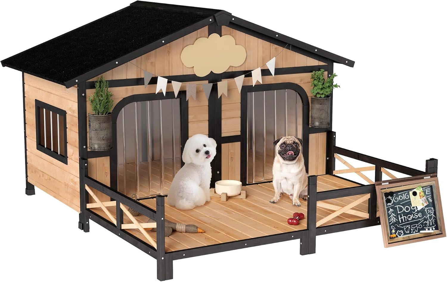 PawHut Dog House Outdoor, Wooden Dog Kennel Weatherproof with Porch, Openable Roof, Removable Bottom, Elevated Floor, Double Room for 2 Small to Medium Breeds, Natural