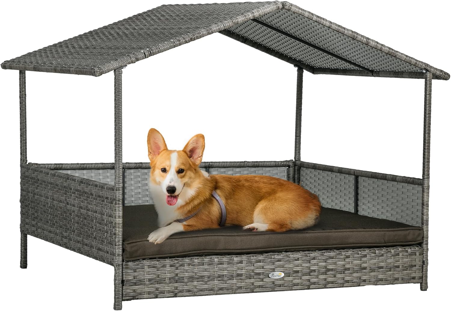 PawHut Outdoor Wicker Dog House with Canopy, Rattan Dog Bed with Soft Cushion Removable Cover for Medium and Large Dogs, Charcoal Gray
