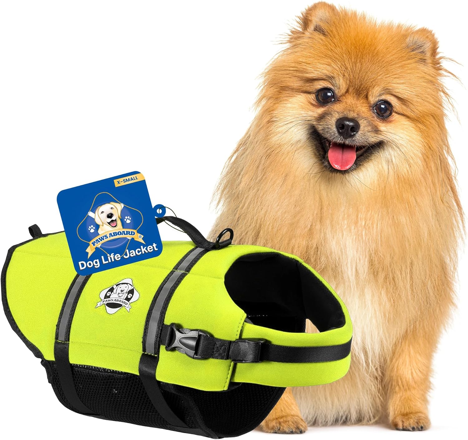 Paws Aboard Dog Life Jacket – Swimming Vest for Dogs, Adjustable, Reflective, Comfortable, Multiple Colors, Patterns, XX-Small to Extra Large Dog Swim Vest with Handle (Neon Yellow, X-Small)