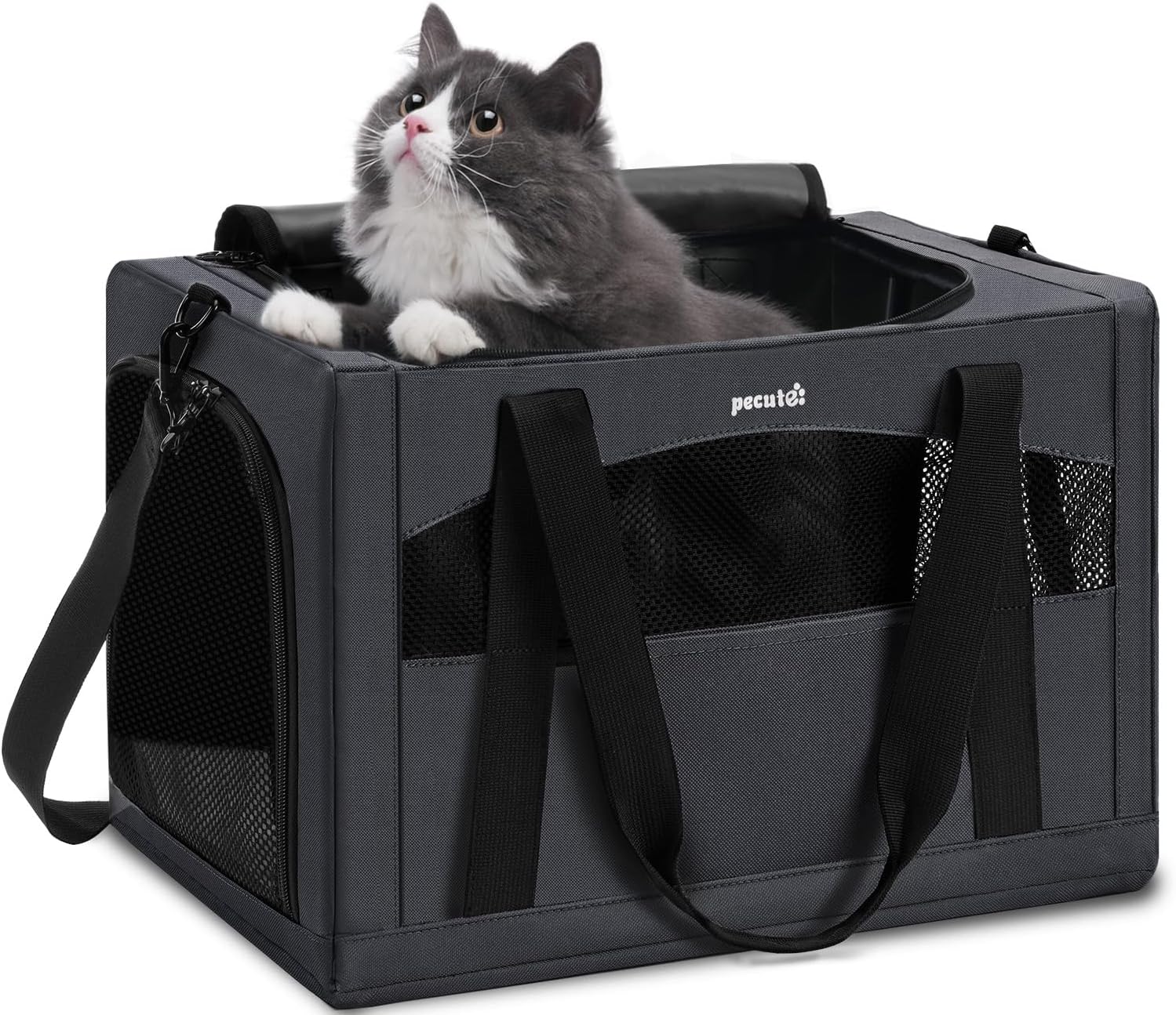 Pecute Cat Carrier Stable, Pet Carrier with Hidden Anxiety Relief Partition & Stable Steel Frame, Safe Cat Carrier for Car Travel, Soft-Sided Dog/Cat Carrier Bag for Pets Up to 11lbs, Dark Gray