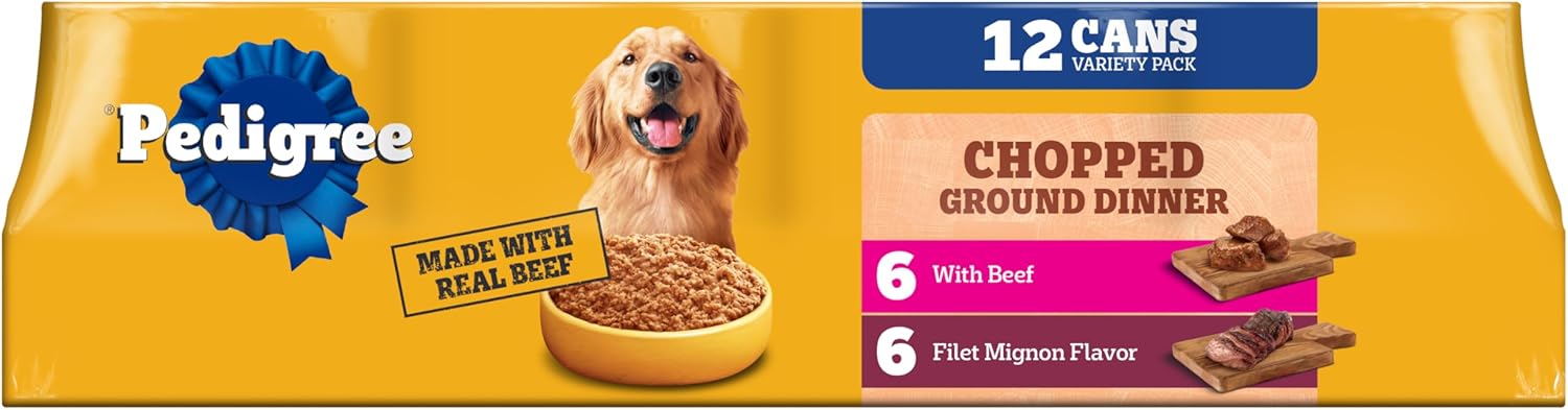 Pedigree Chopped Ground Dinner Wet Dog Food Filet Mignon & Beef Variety Pack, Canned Dog Food, 13.2 oz. Cans, 12 Count