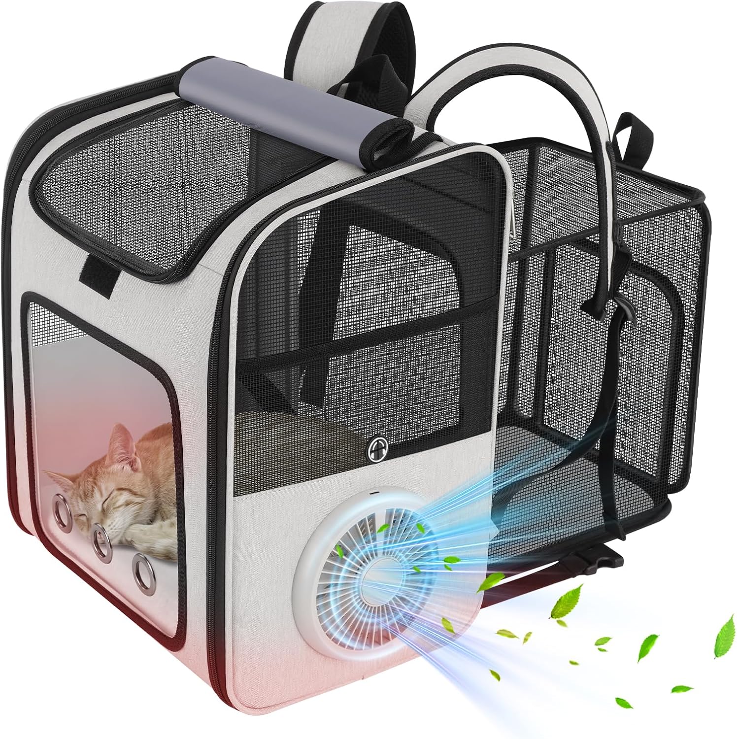 Pet Backpack Carrier with Built-in Cooling Fan & Heating Pad, Expandable Cat Carrier Backpack for Cats and Small Dogs, Ventilated Travel Backpack Carrier for Hiking/Outdoor/Vet Visits, Grey
