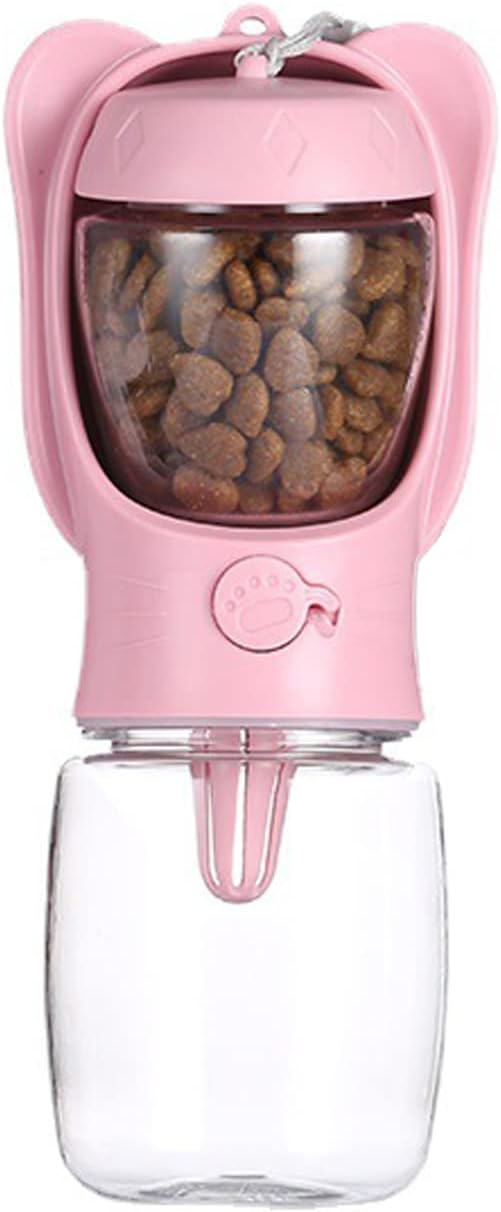 Pet Cat Puppy Dog Travel Water Bottle Dispenser with Food Container, Portable Dog Water Bottle for Walking Hiking Outdoor, Pink, 350ml/12oz