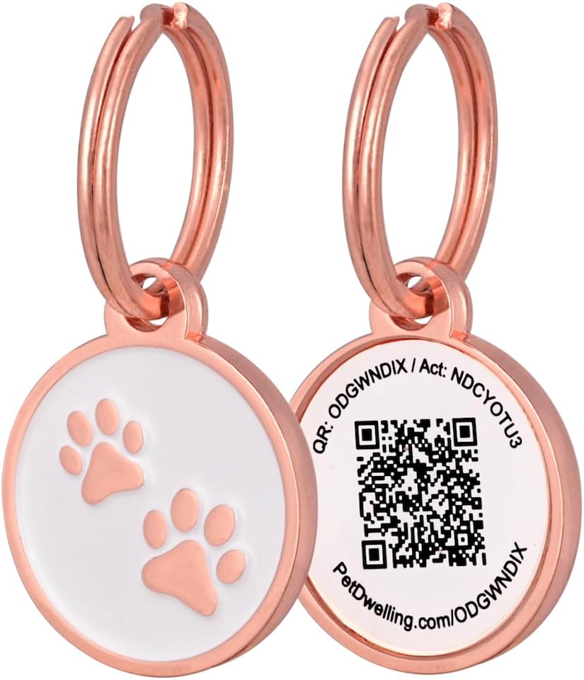 Pet Dwelling Mini Paw QR Code Pet ID Tag – Small Dog & Cat ID Tag for Pet Safety, Free Personalized Online Profile & Instant Scan Alerts, Waterproof – Lux Rose Gold White Mini