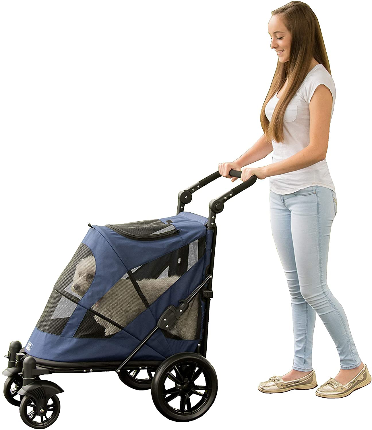 Pet Gear NO-Zip Pet Stroller with Dual Entry, Push Button Zipperless Entry for Single or Multiple Dogs/Cats, Pet Can Easily Walk in/Out, Gel-Filled Tires, Midnight Blue, Excursion