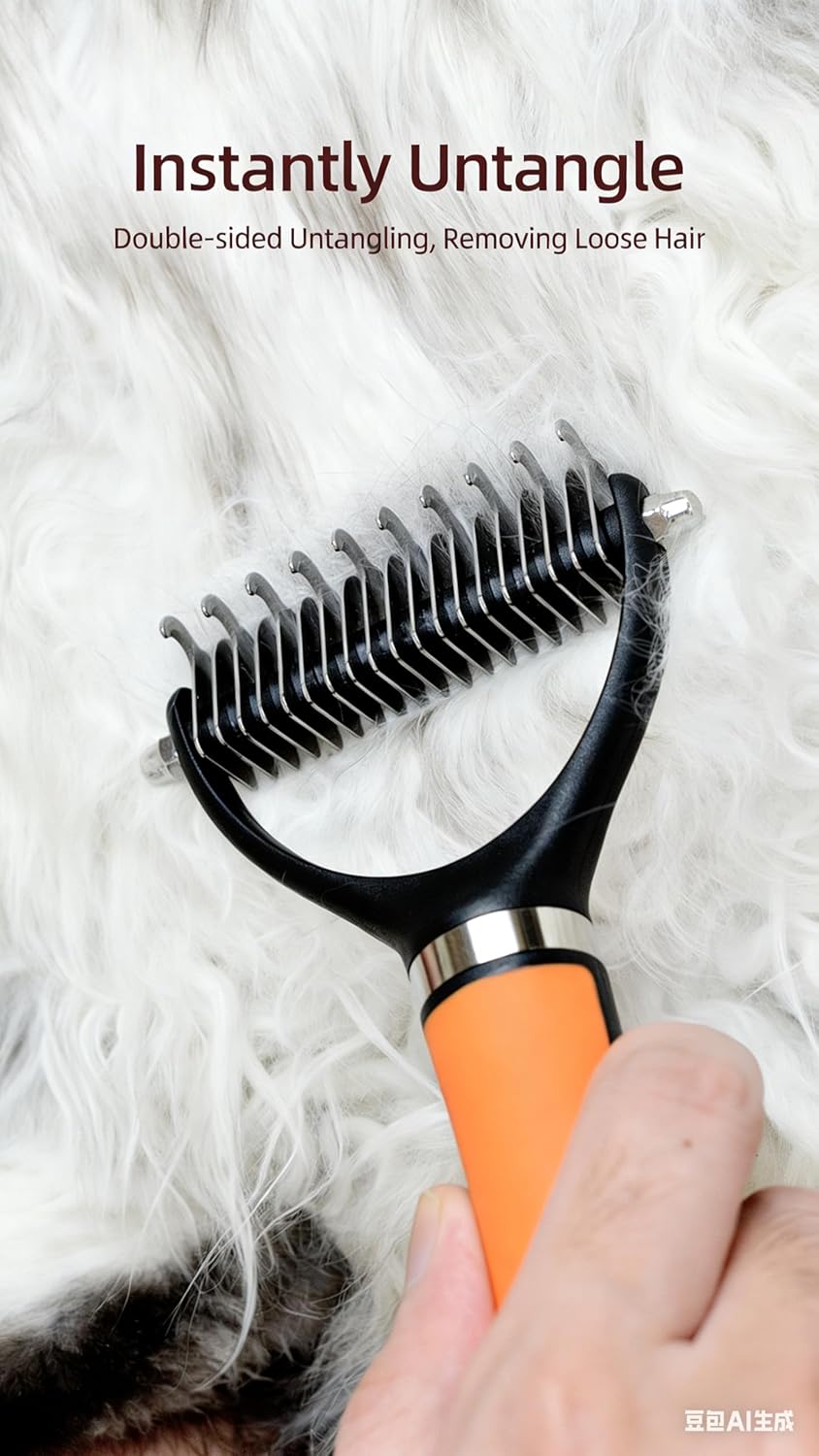 Pet Grooming Tool 2 Pack, Deshedding Comb and Brush Set for Dogs and Cats, Stainless Steel Tools for Long & Short Haired Pets with Ergonomic Handle (Orange)