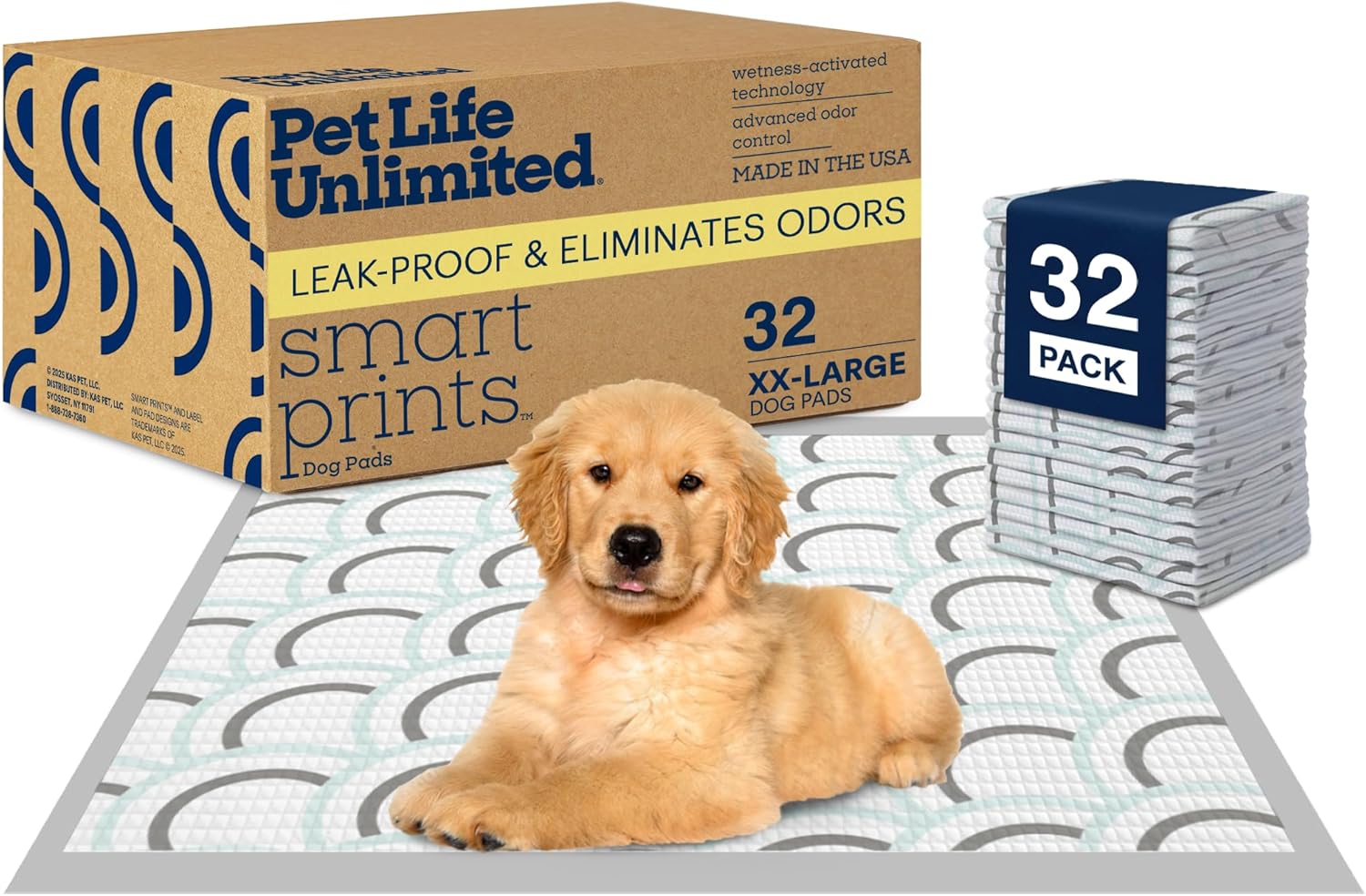Pet Life Unlimited Smart Prints XXL Puppy Pads for Dogs, Potty Training Pee Pads, 32 Count, 30″ x 36″, Leak-Proof, Super Absorbent, Quick-Dry, Patterned Pads with Odor Control, Made in USA