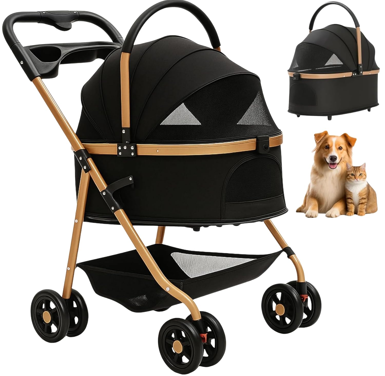 Pet Stroller for Small Dogs & Cats, Foldable for Small/Medium Dog Cat to 50 lbs, Removable Carrier, Storage Basket, Cup Holder, 3-in-1 Multifunctional Detachable (Black)